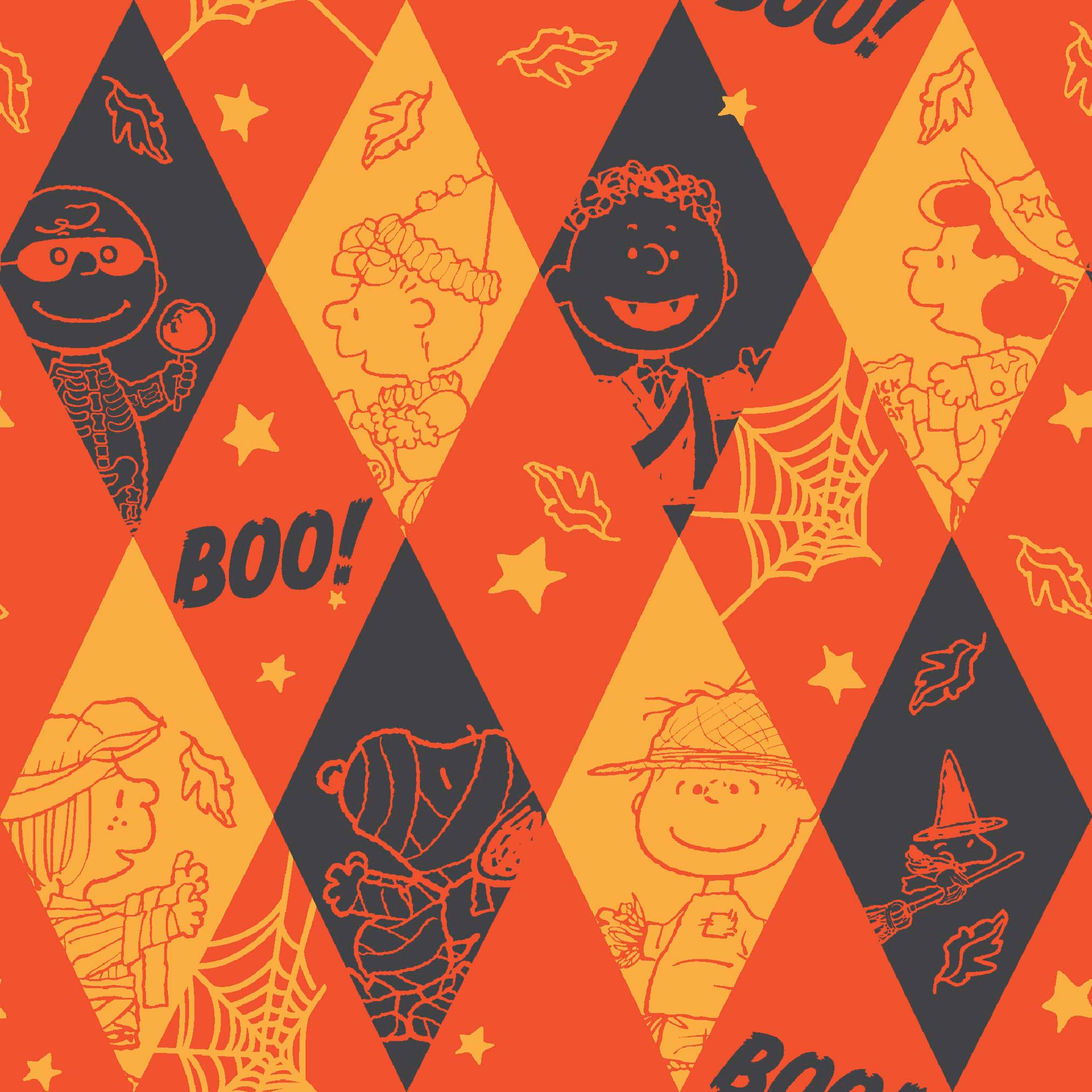 Peanuts Halloween pattern with diamond shapes in orange, yellow, and black featuring Peanuts characters in costumes, webs, "BOO!" text, and seasonal decorations tiled preview square