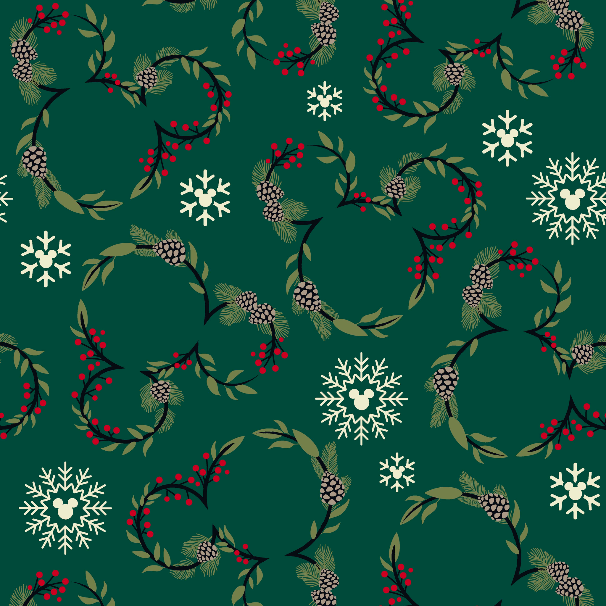 Holiday pattern with green wreaths, pinecones, red berries and white snowflakes on dark green background tiled preview square