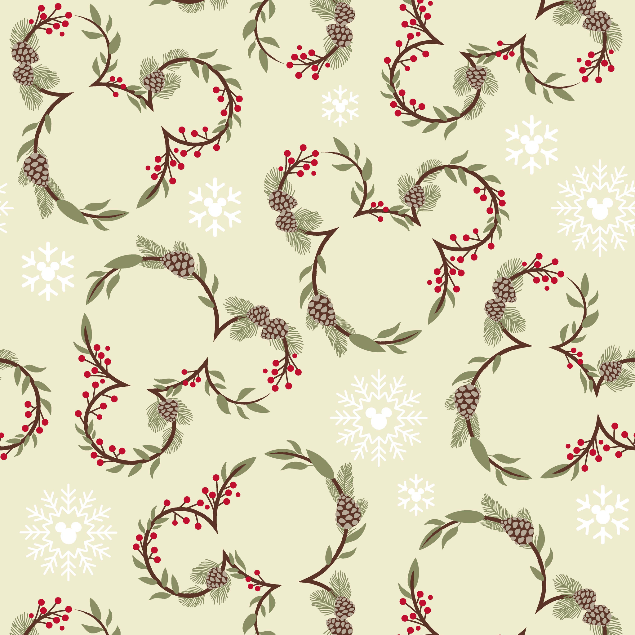 Holiday pattern with pine wreaths, red berries, and white snowflakes on light green background tiled preview square