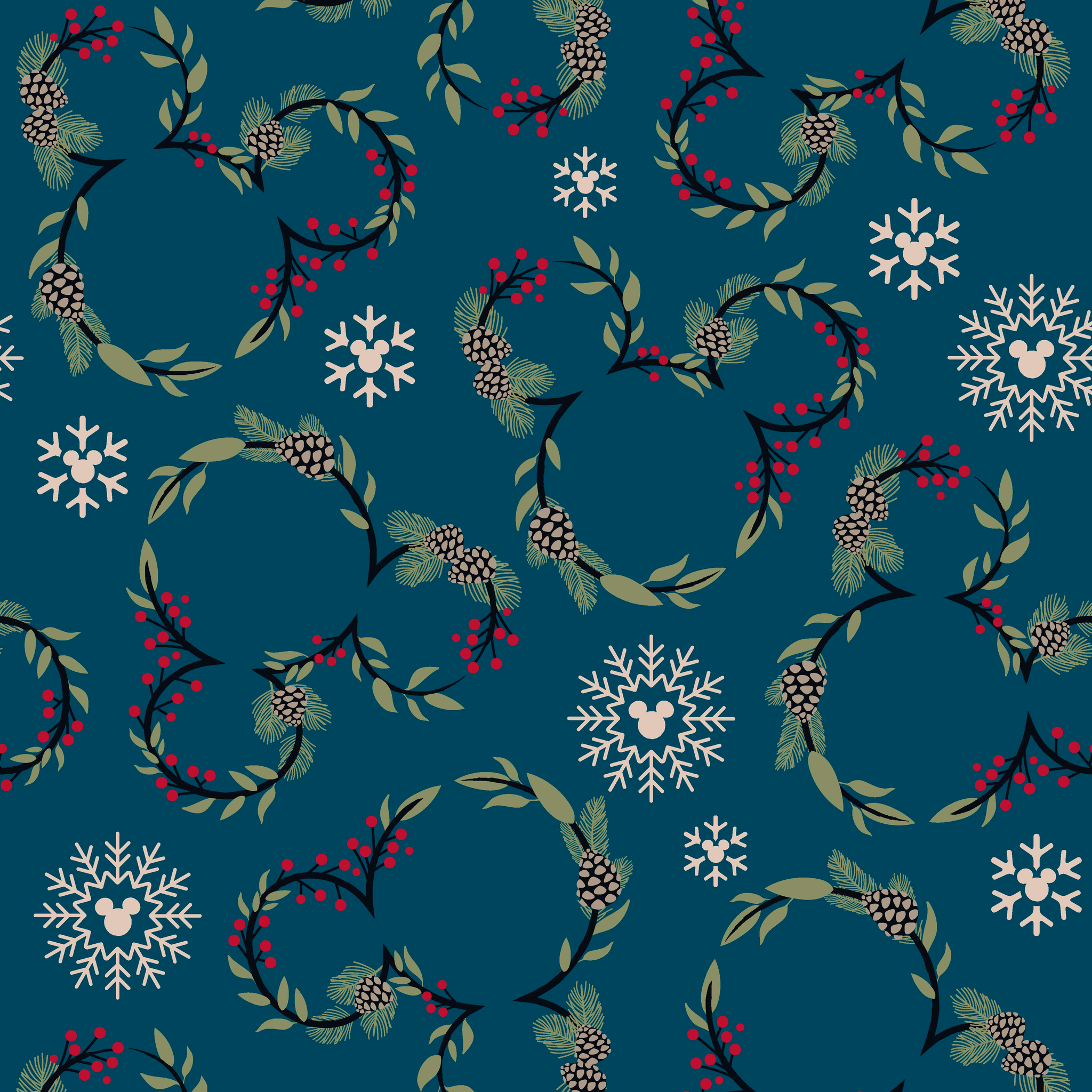 Holiday pattern with circular wreaths, white snowflakes, and botanical elements on teal background tiled preview square
