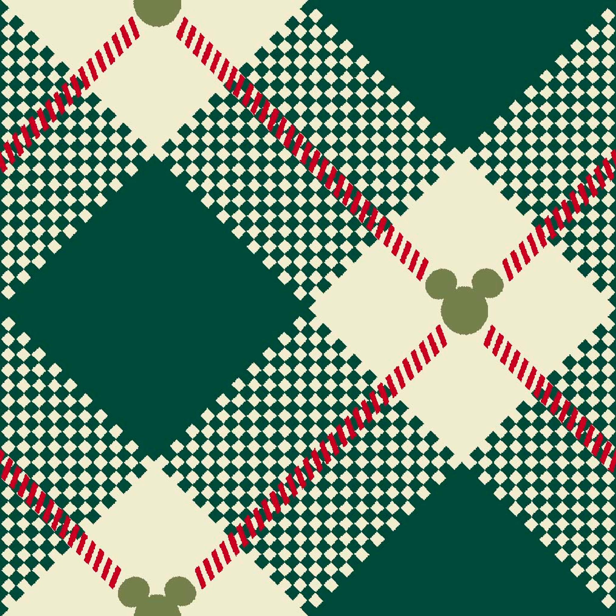 Diagonal green and cream plaid pattern with small Mickey Mouse silhouettes at intersections of red stripes tiled preview square