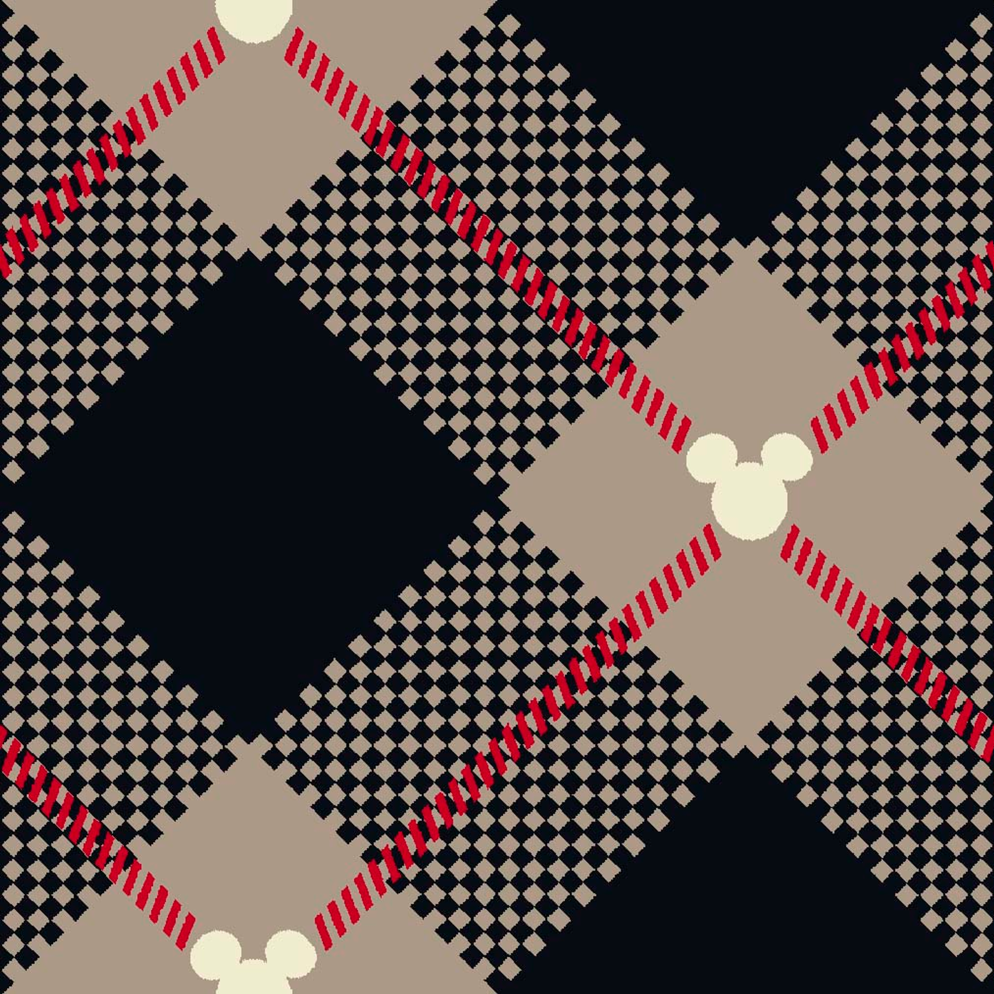 Diagonal plaid pattern with navy, beige, red stripes, checkered sections and small white circular details tiled preview square