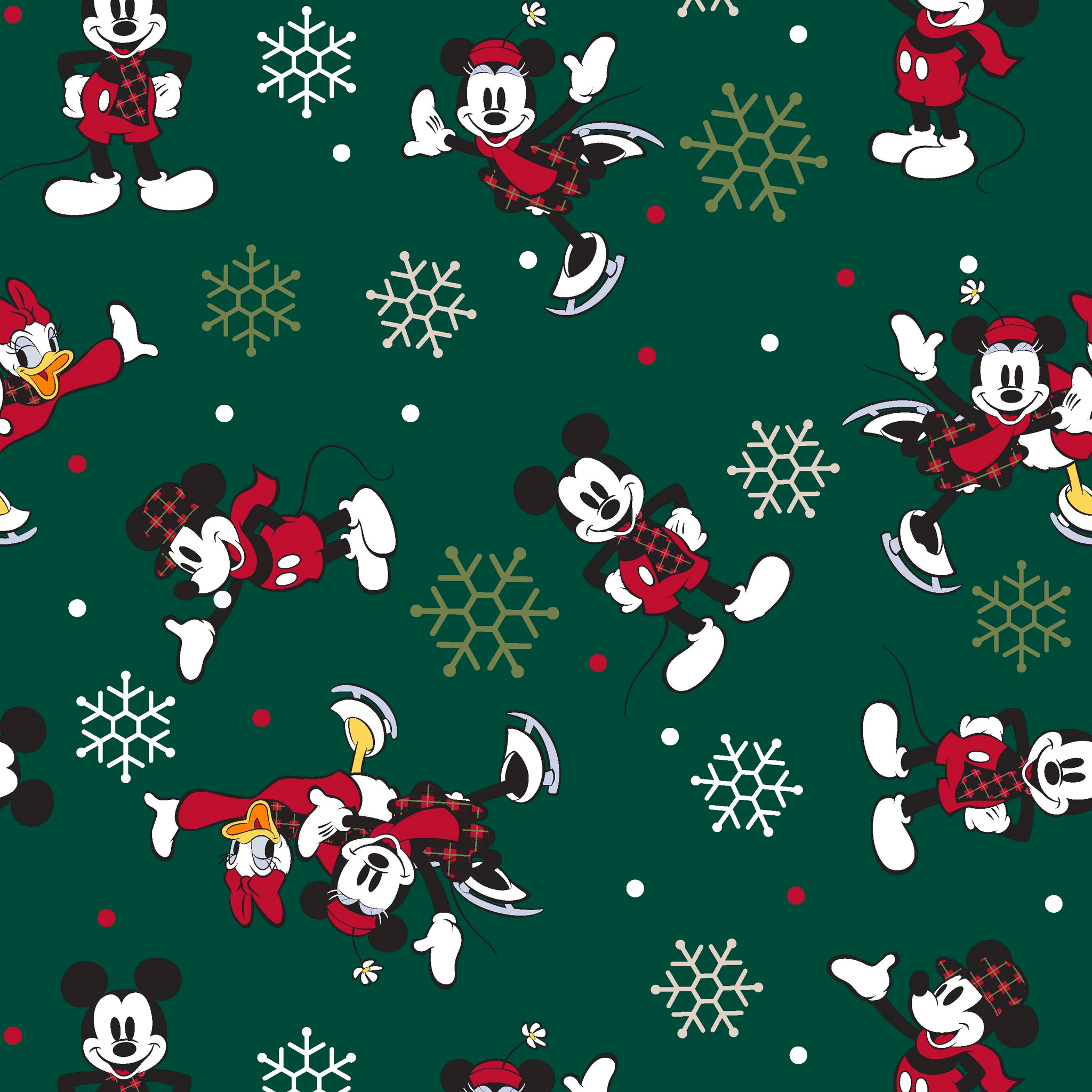 Mickey Mouse Christmas pattern with cartoon characters in winter outfits on green background with snowflakes tiled preview square