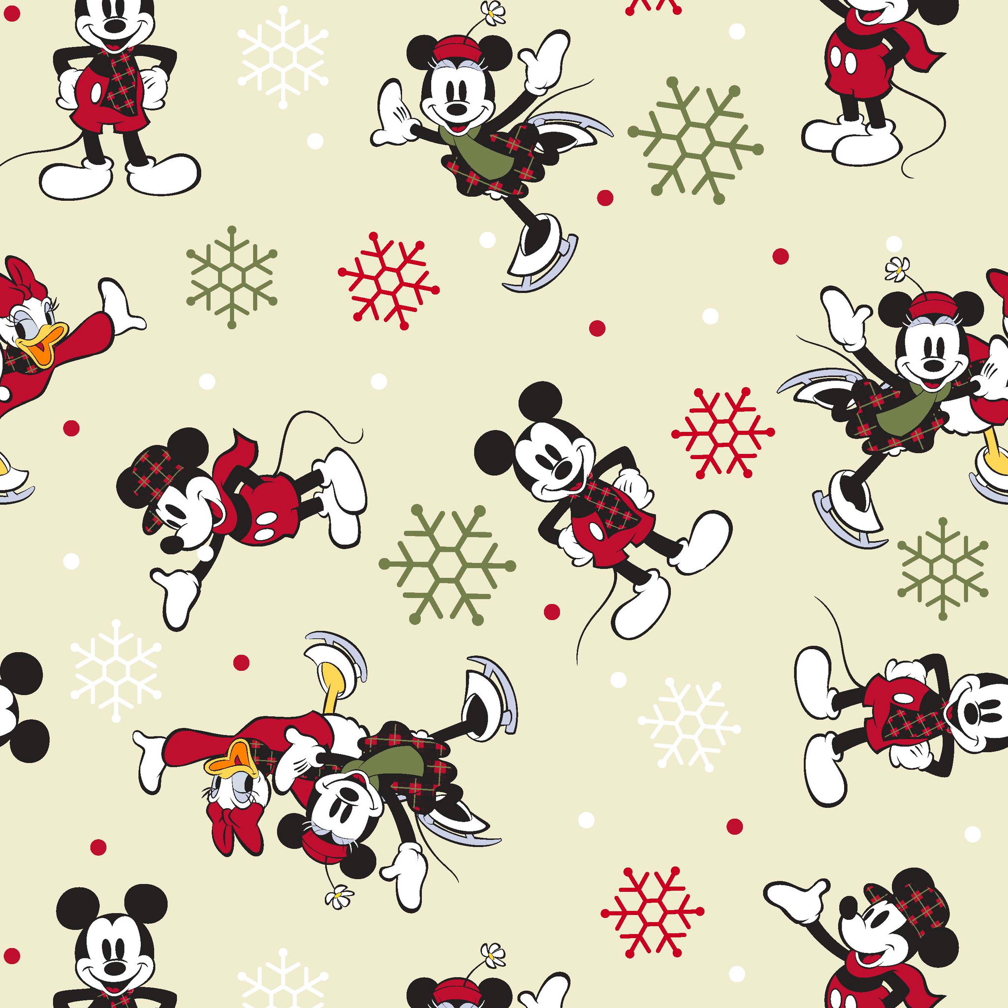 Holiday-themed cartoon mouse pattern with classic characters in red outfits on beige background with snowflakes. tiled preview square
