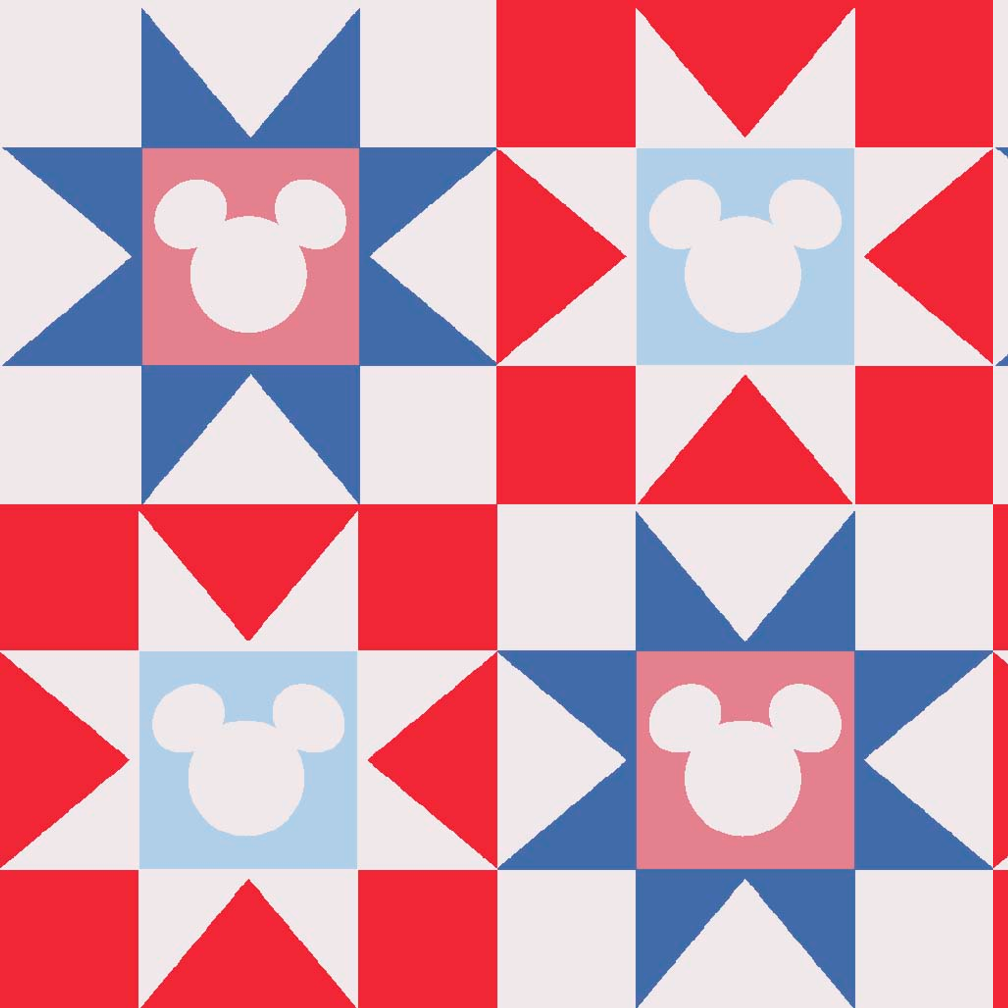 Un patrón de colcha con estrellas en rojo, blanco y azul, con siluetas de Mickey Mouse en el centro de cada estrella. tiled preview square
