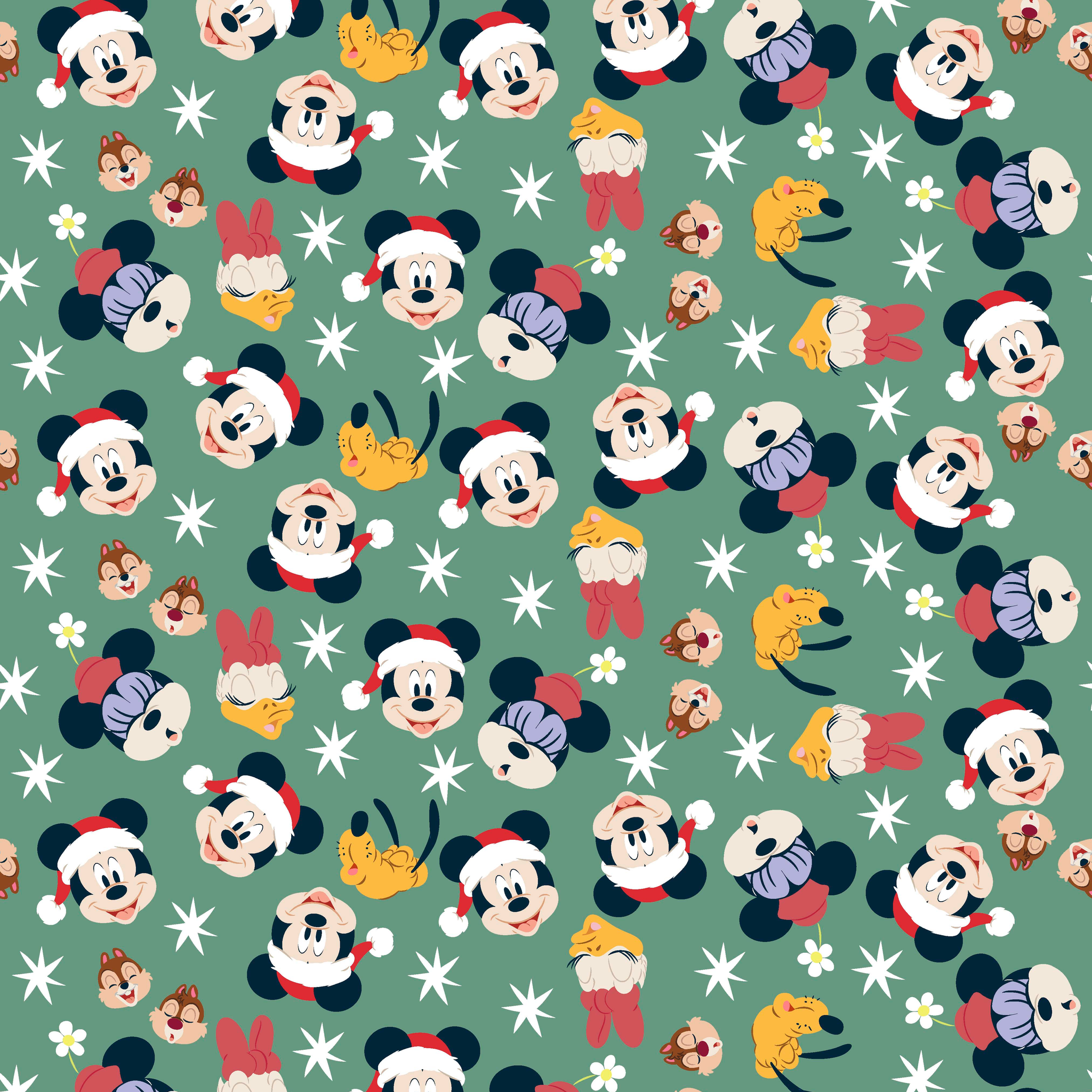 Mickey Mouse holiday pattern with characters wearing Santa hats on green background with stars and ornaments tiled preview square