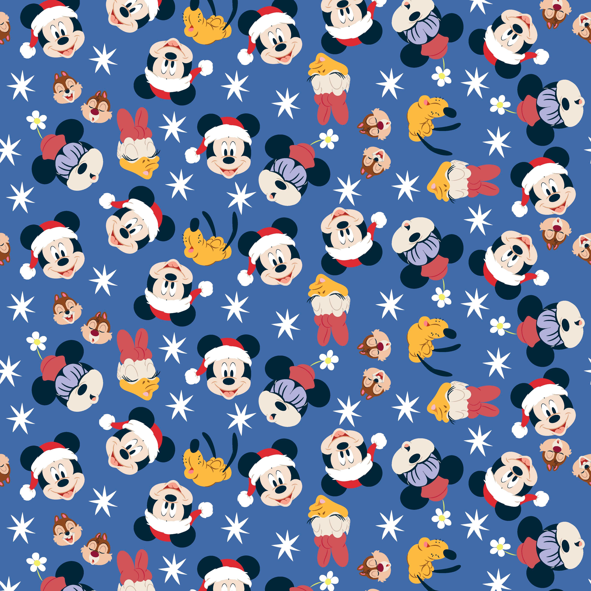 Mickey Mouse Christmas pattern with Santa hats, cupcakes and snowflakes on blue background tiled preview square