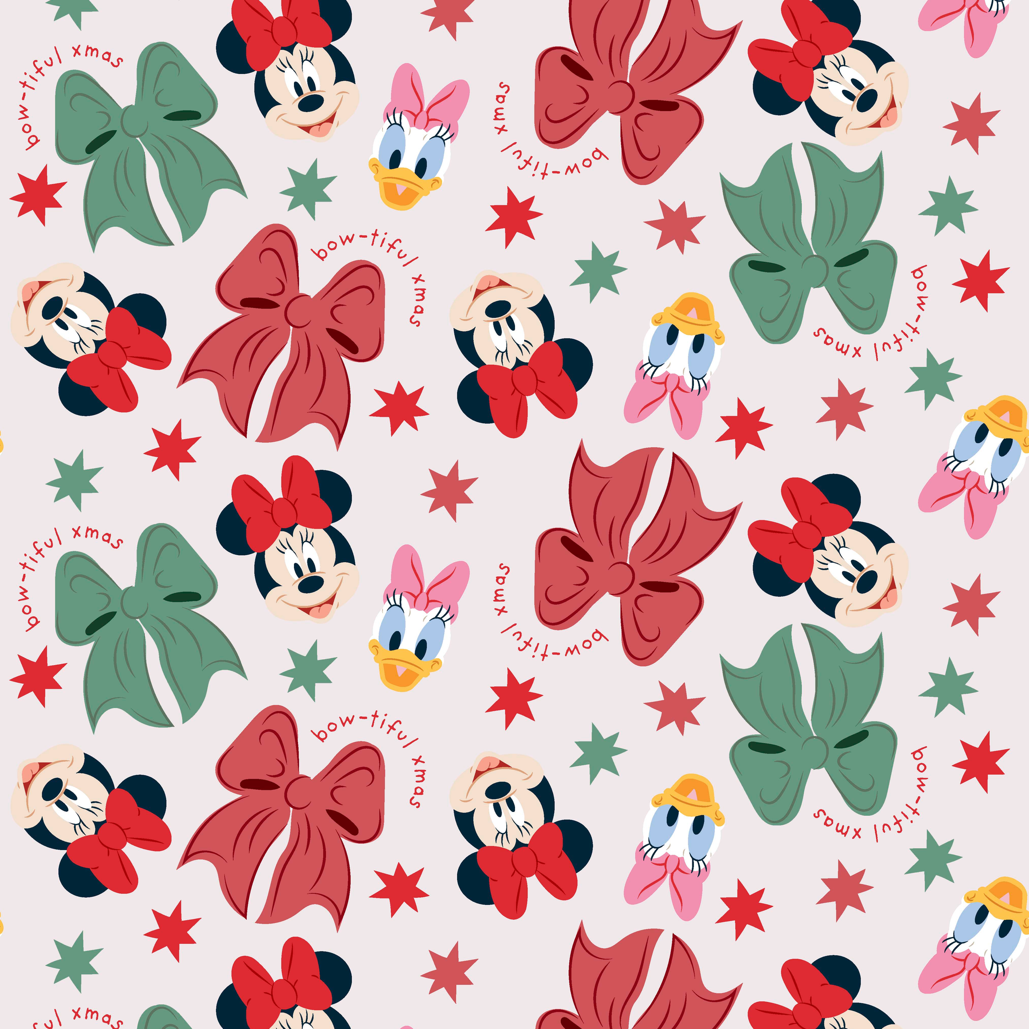 Disney pattern with Minnie Mouse and Daisy Duck characters, green and red bows, and green stars on light background. tiled preview square