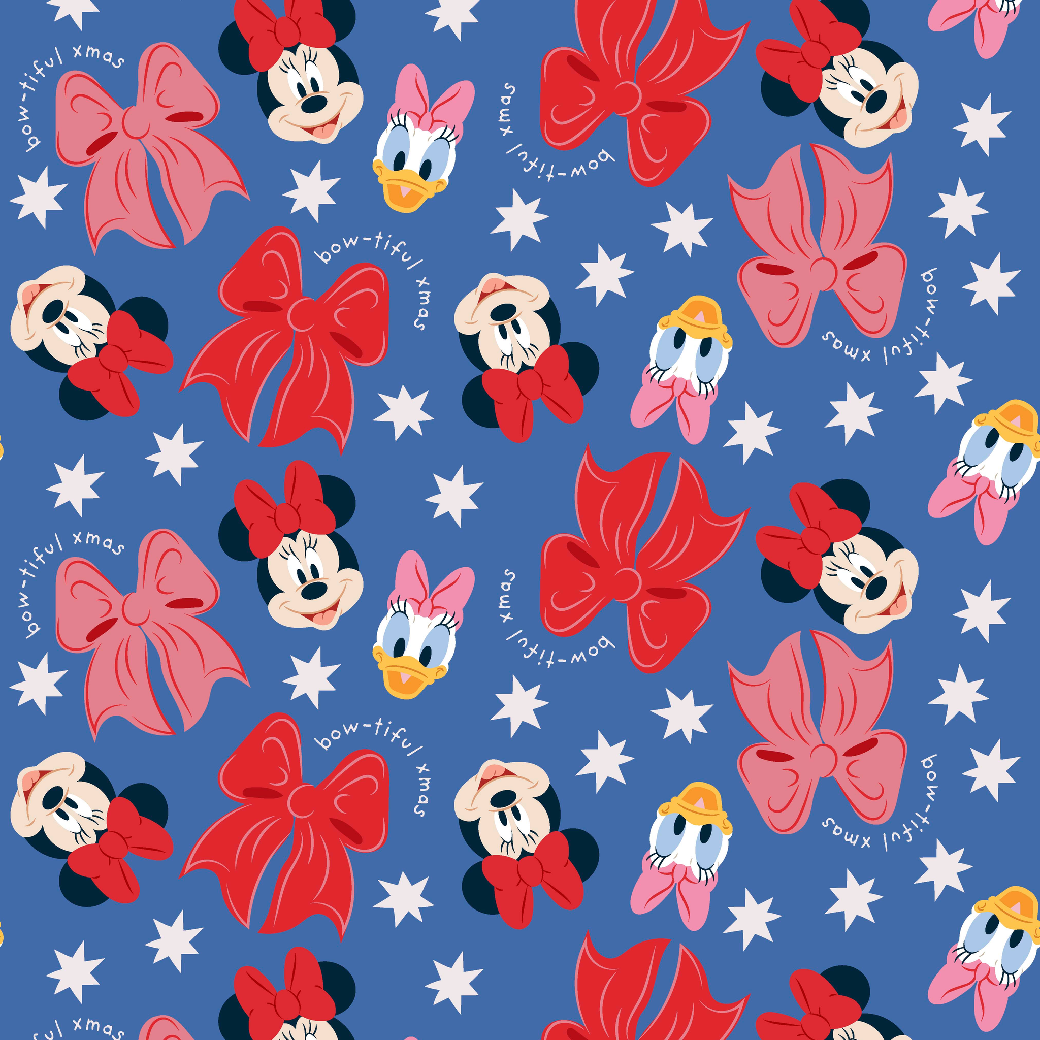 Disney character pattern with Minnie Mouse, Daisy Duck, and pink/red bows on blue background with white stars tiled preview square