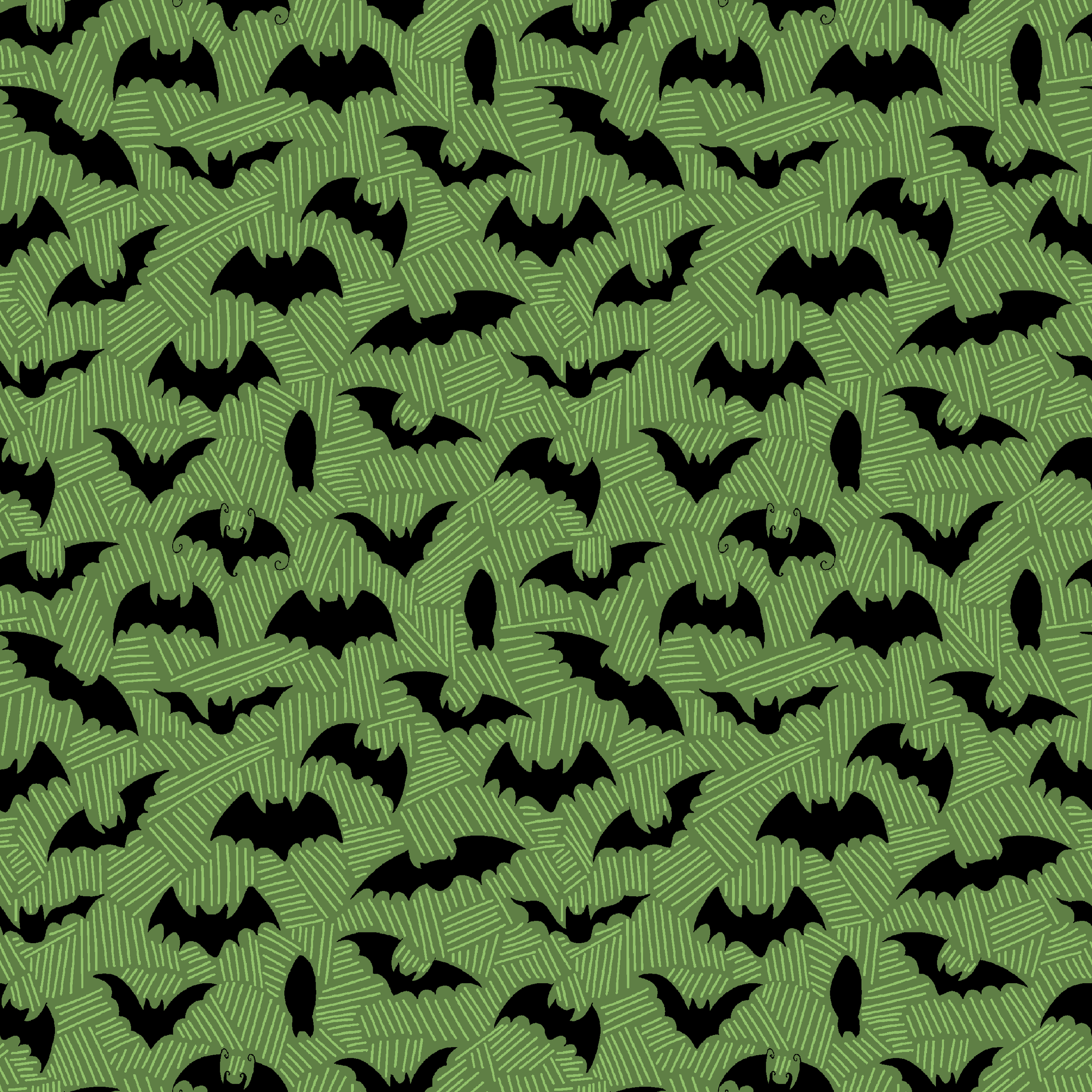 Black bat silhouettes scattered across a green textured background with zigzag pattern tiled preview square