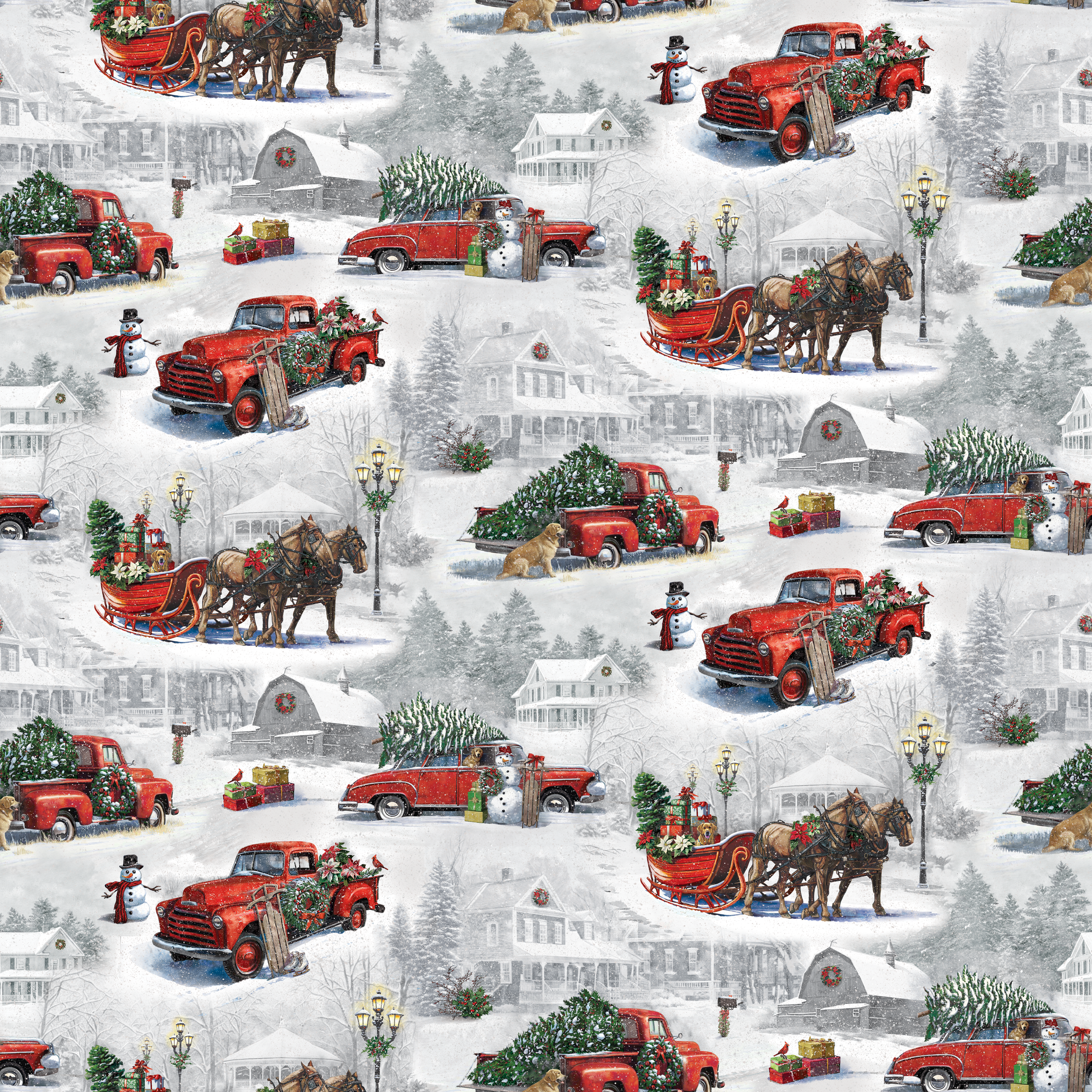 Christmas pattern with vintage red trucks, horse-drawn sleighs, and pine trees in snowy winter landscape tiled preview square