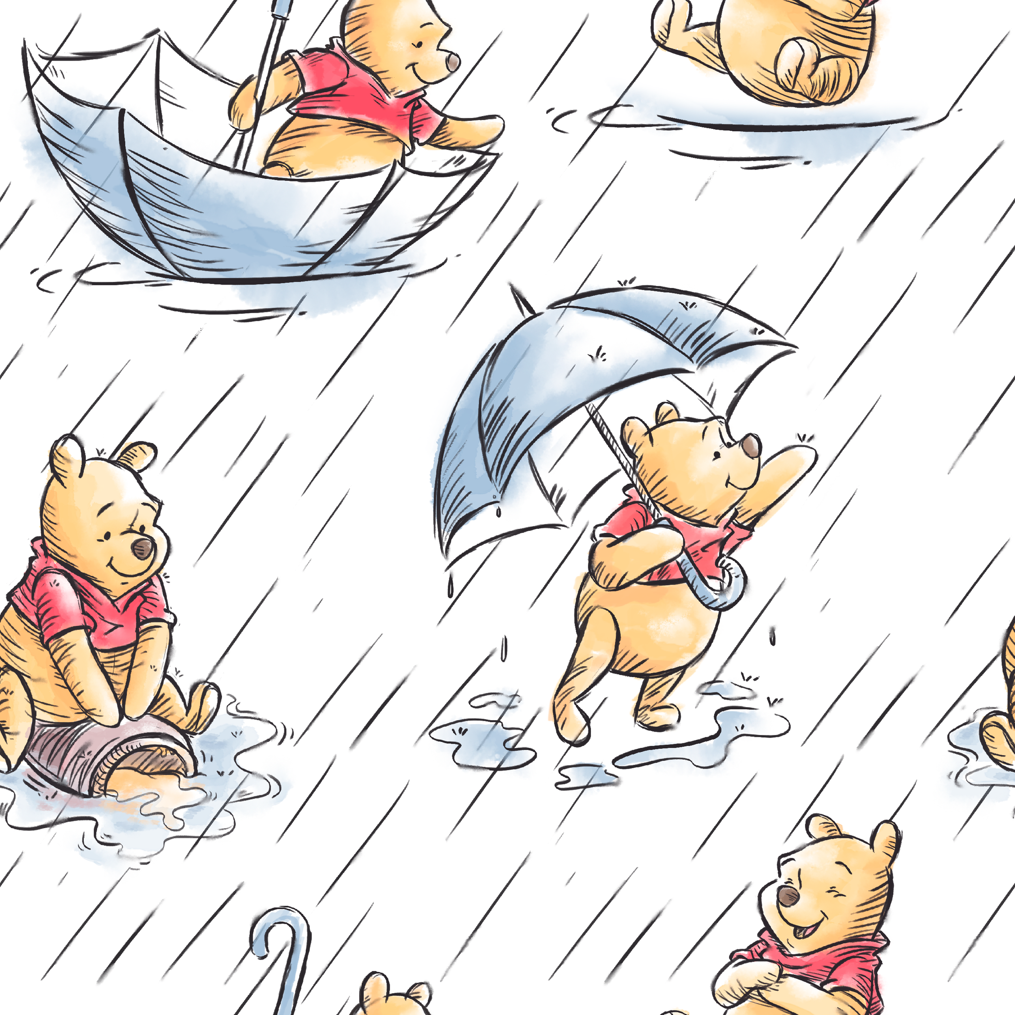 Small bear characters in a rainy scene - some holding umbrellas, others in paper boats, wearing red shirts tiled preview square