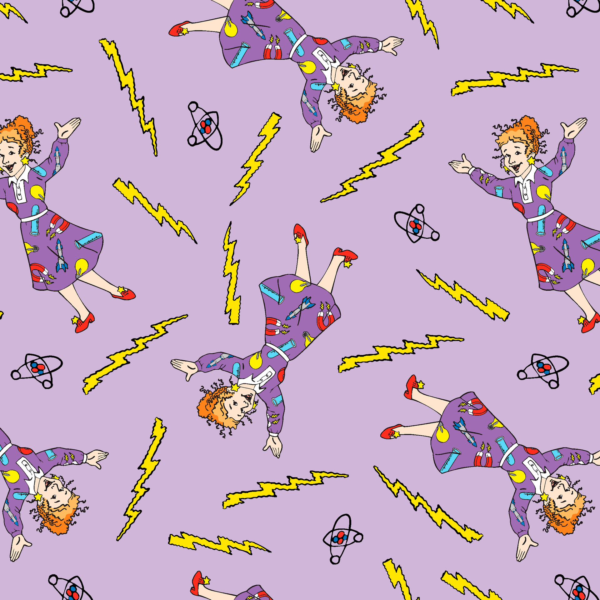The Magic School Bus Ms. Frizzle Toss on Purple | Cotton Fabric by the Yard 