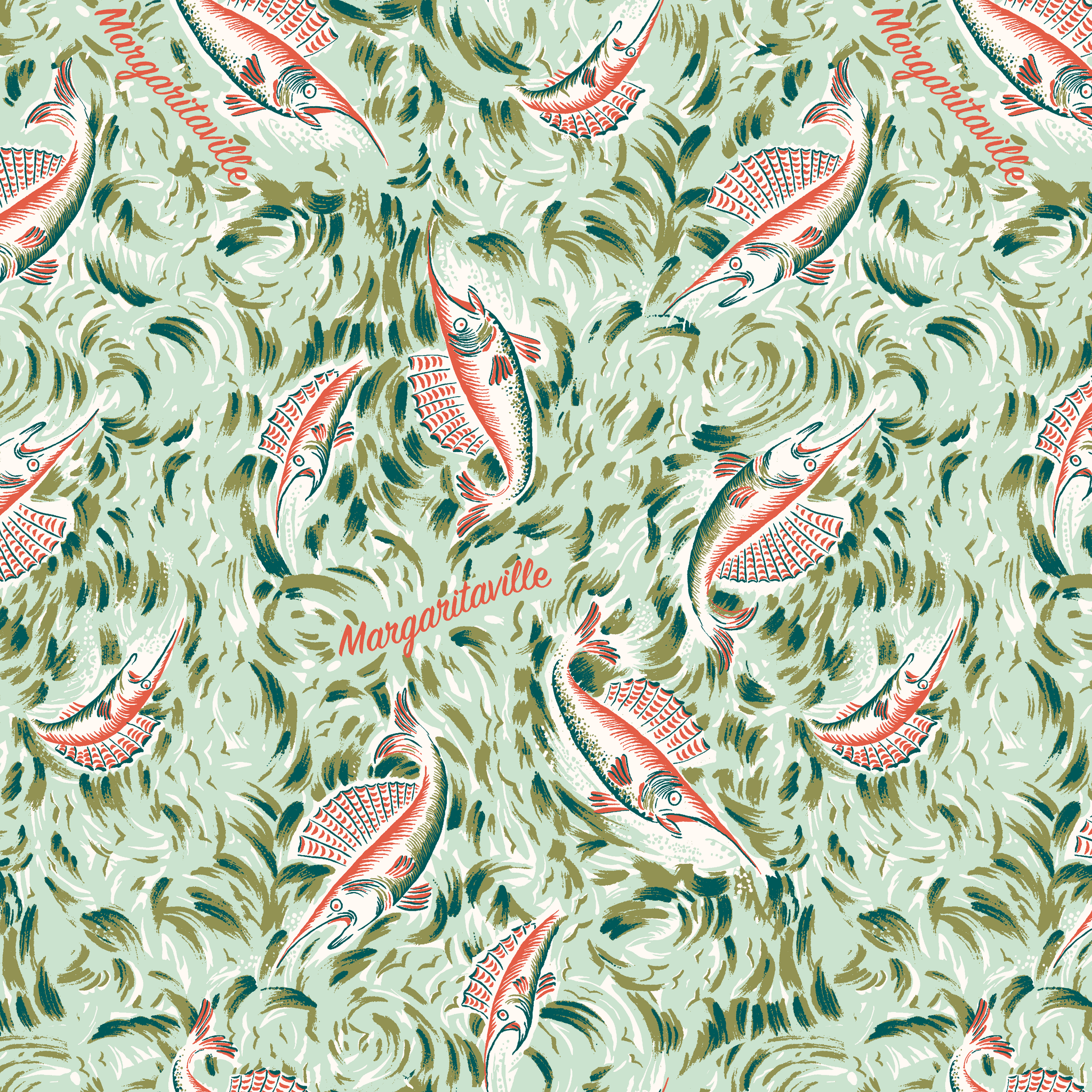 Ornate abstract tropical fish pattern with swirling leaves in vintage Florida style tiled preview square
