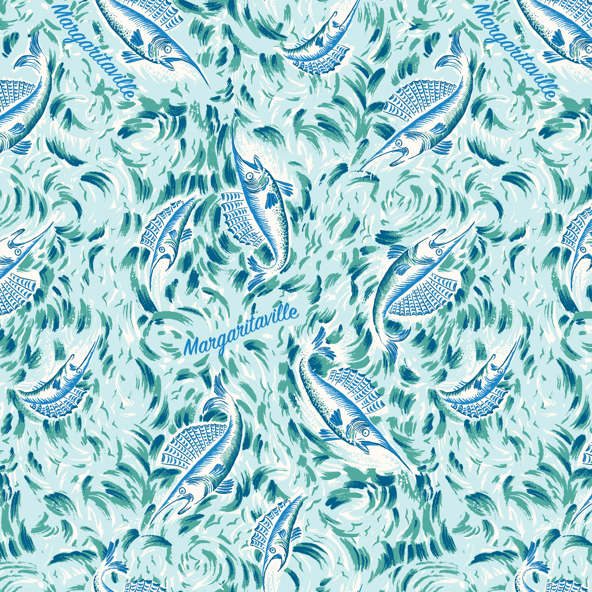 Abstract Margaritaville marbled pattern in teal, blue and white with swirling floral motifs and delicate wave-like designs tiled preview square