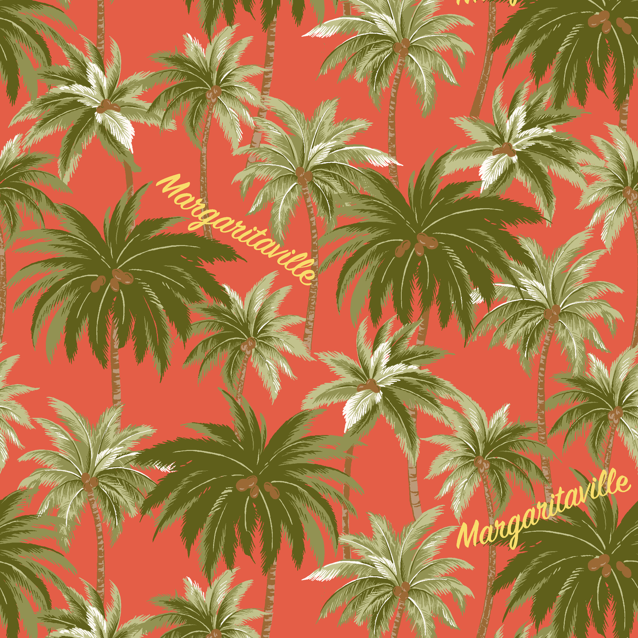 Tropical palm tree pattern on coral background with "Margaritaville" text in gold lettering tiled preview square