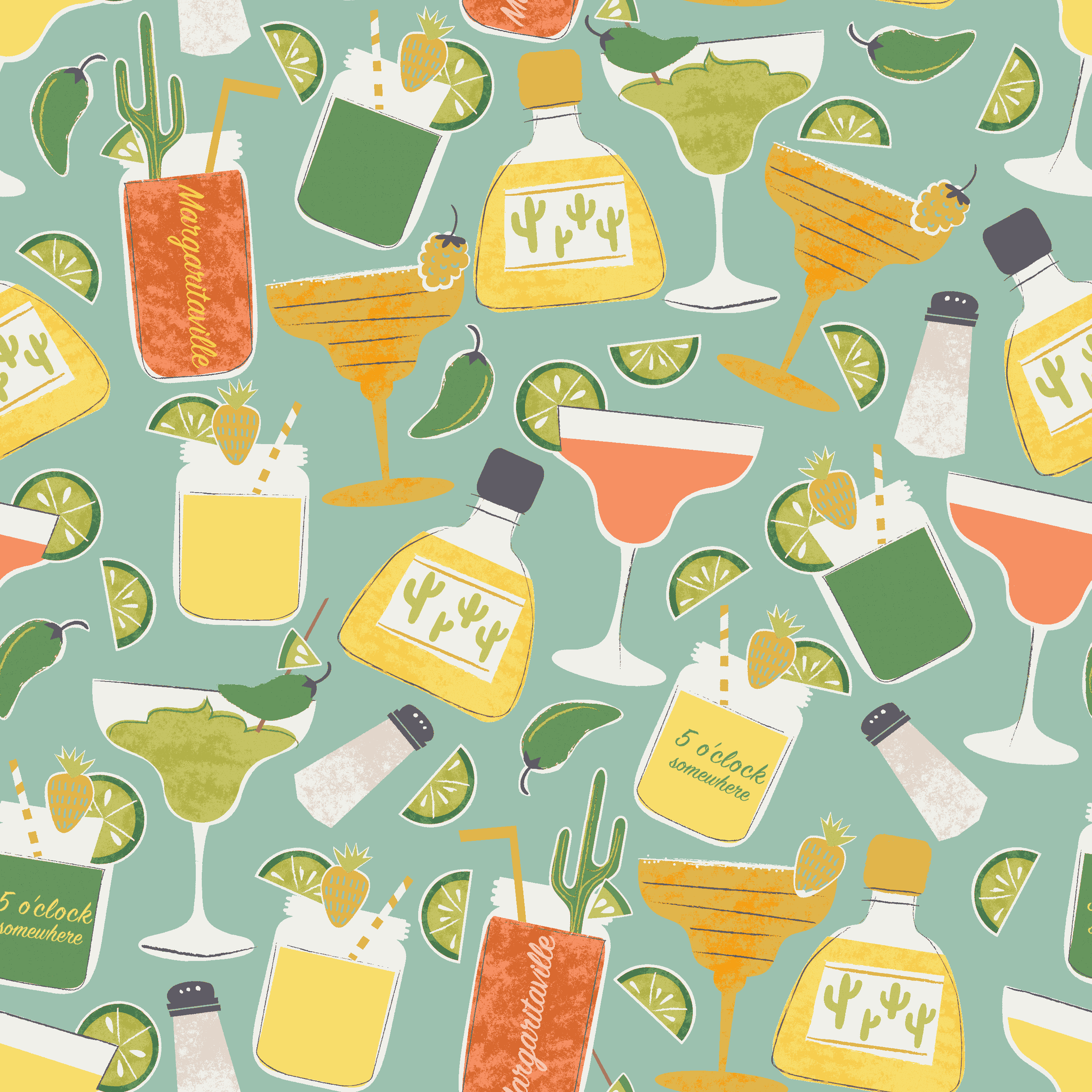 Colorful Margaritaville cocktail pattern with drinks, bottles, glasses, and lime slices on teal background tiled preview square