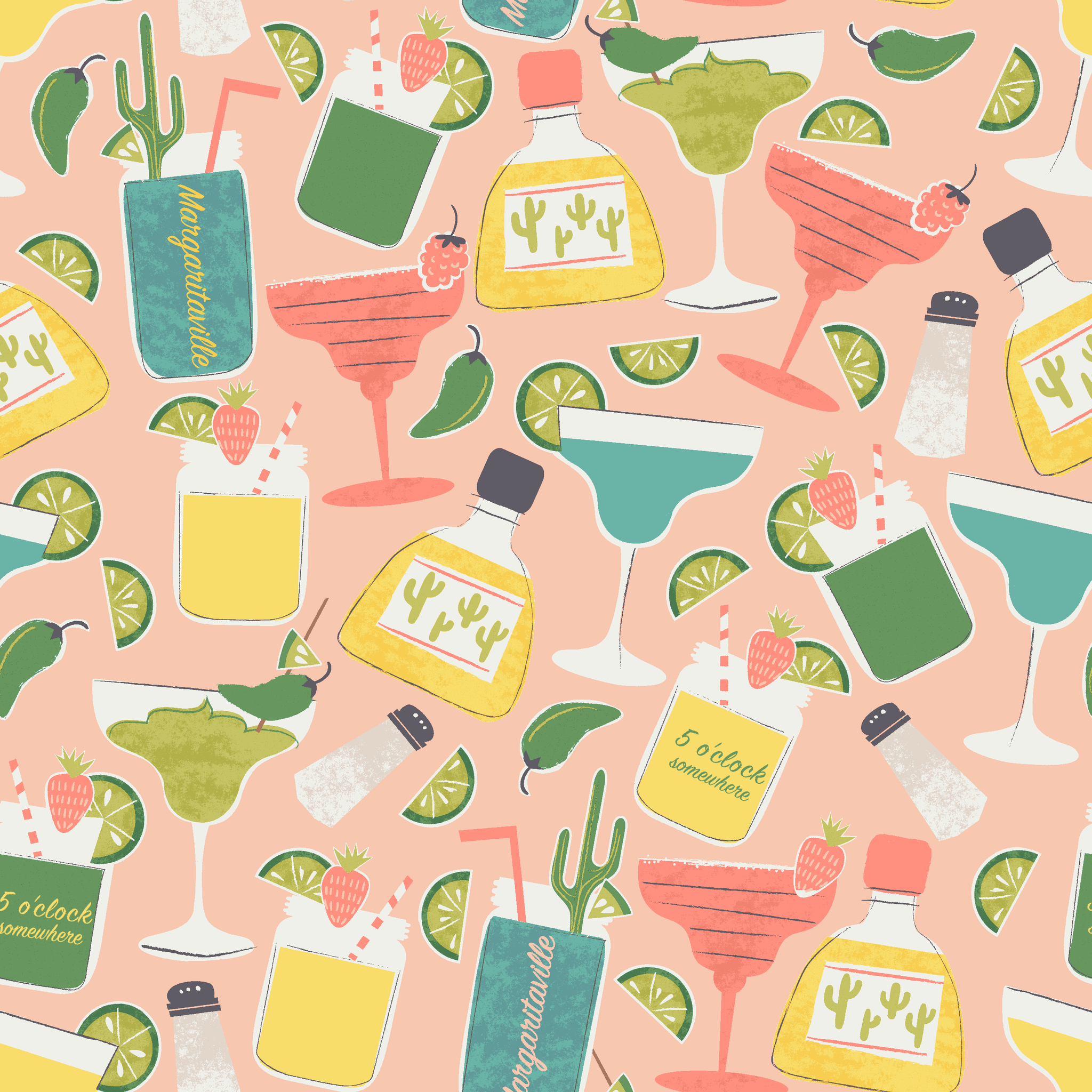Colorful Margaritaville cocktail pattern with margaritas, tequila bottles, lime slices, and salt shakers on pink background tiled preview square