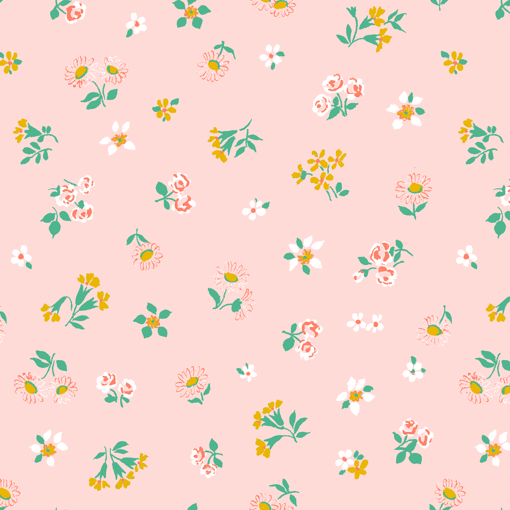 Small floral pattern on pink background with white daisies and yellow, blue, and pink flowers tiled preview square