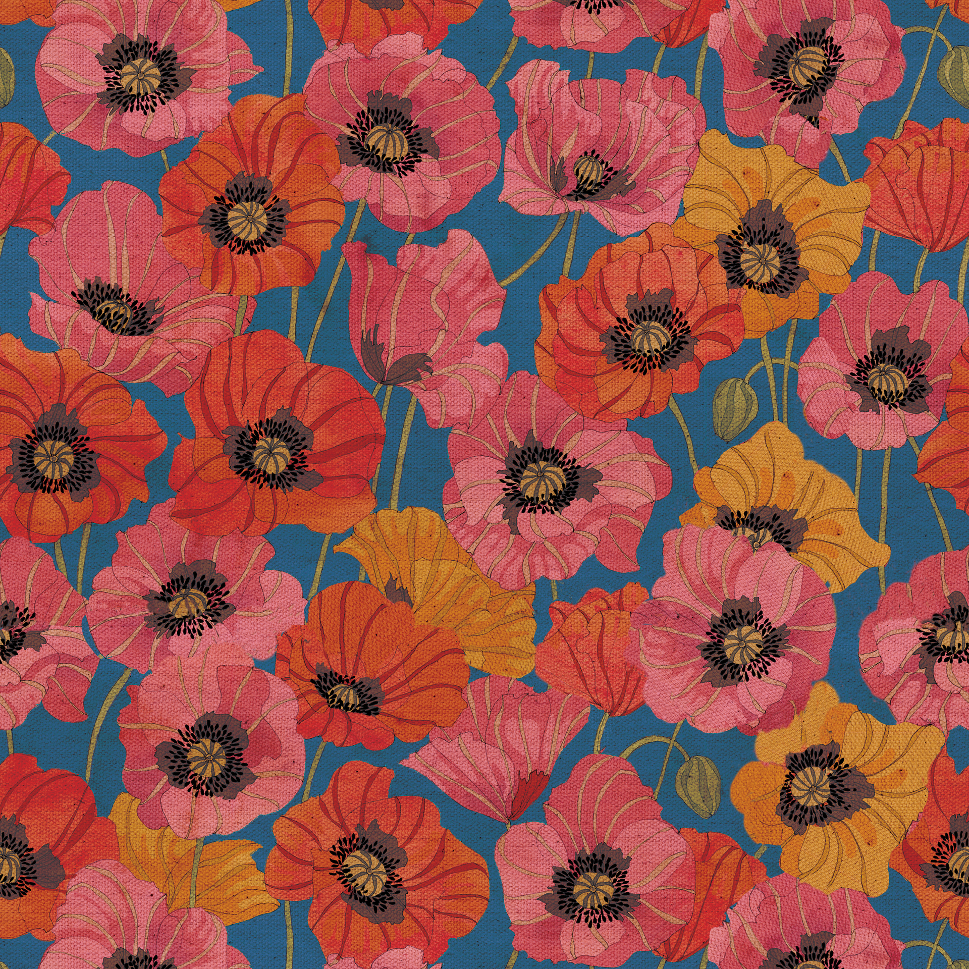 Tim Coffey Vintage Poppy Flowers on Blue | Fabric by the Yard