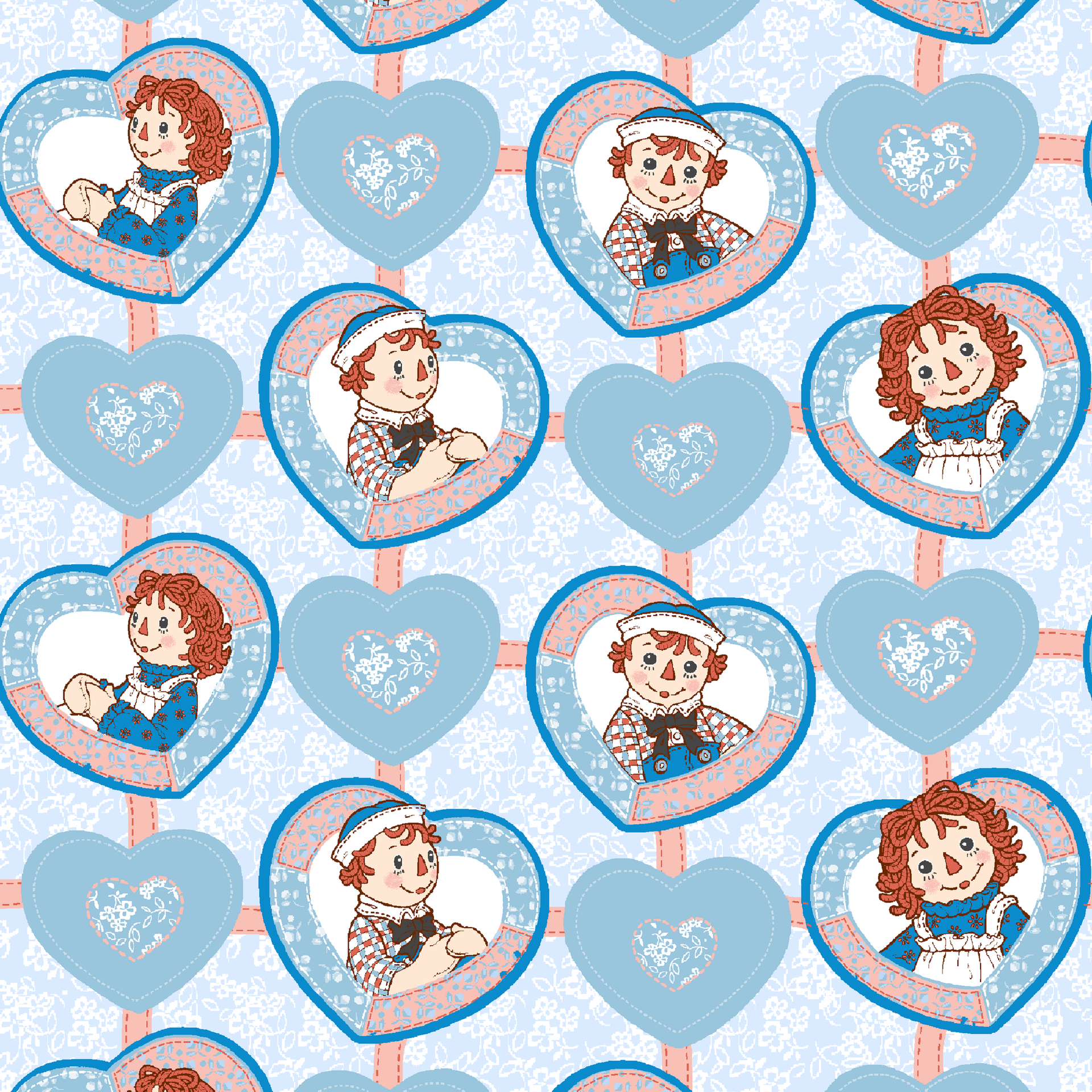Raggedy Ann and Andy Heart Patch Blue | Fabric by the Yard