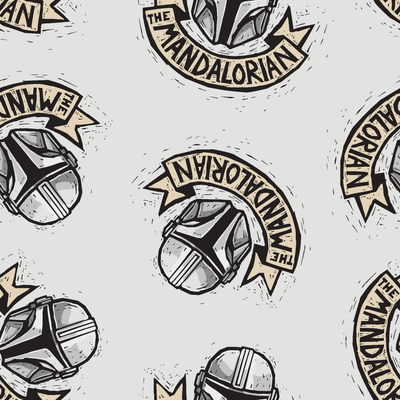 Star Wars Mandalorian helmet logo pattern with banners in black and gold on light background tiled preview square