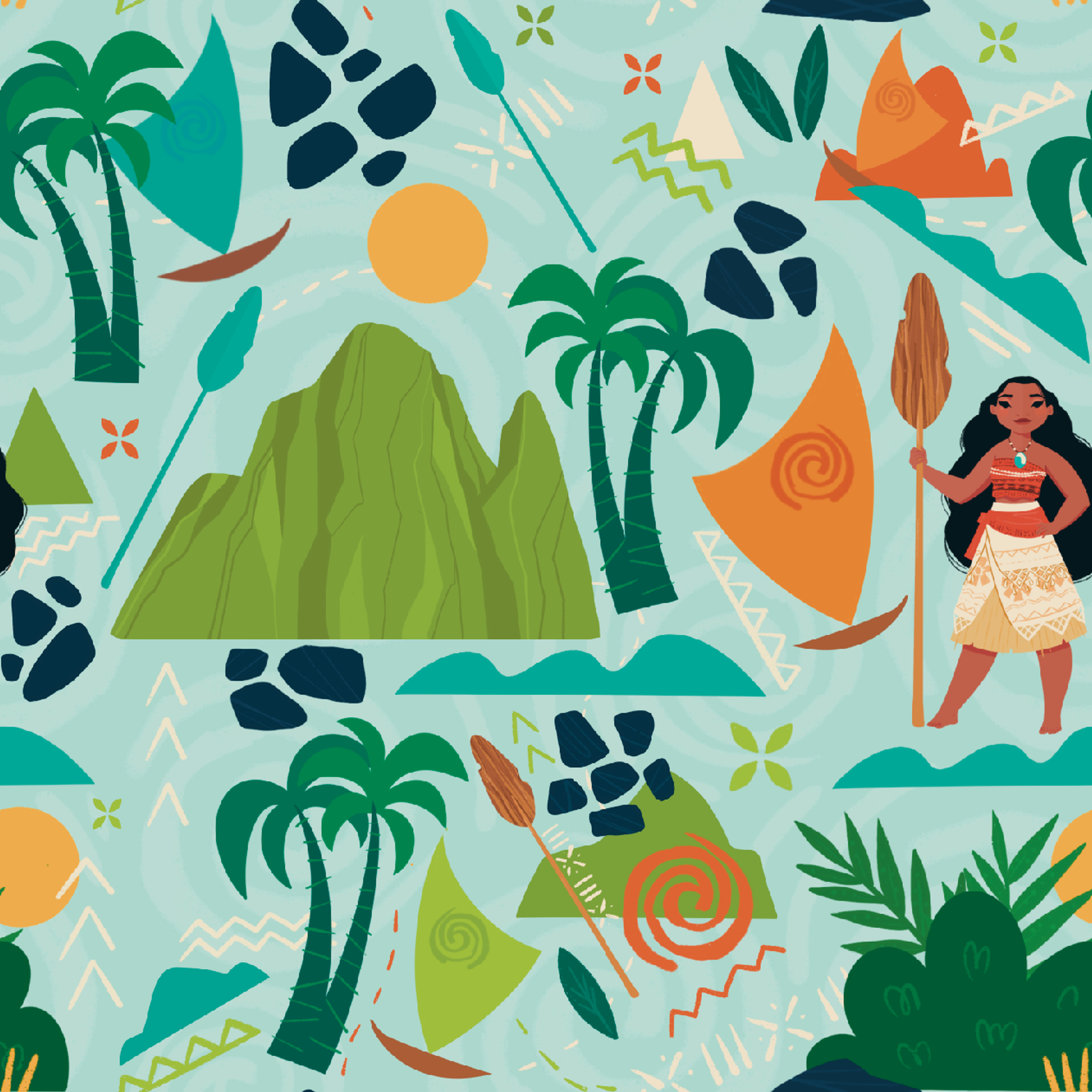 Tropical pattern with palm trees, mountains, sailboats and Polynesian-inspired motifs on mint green tiled preview square