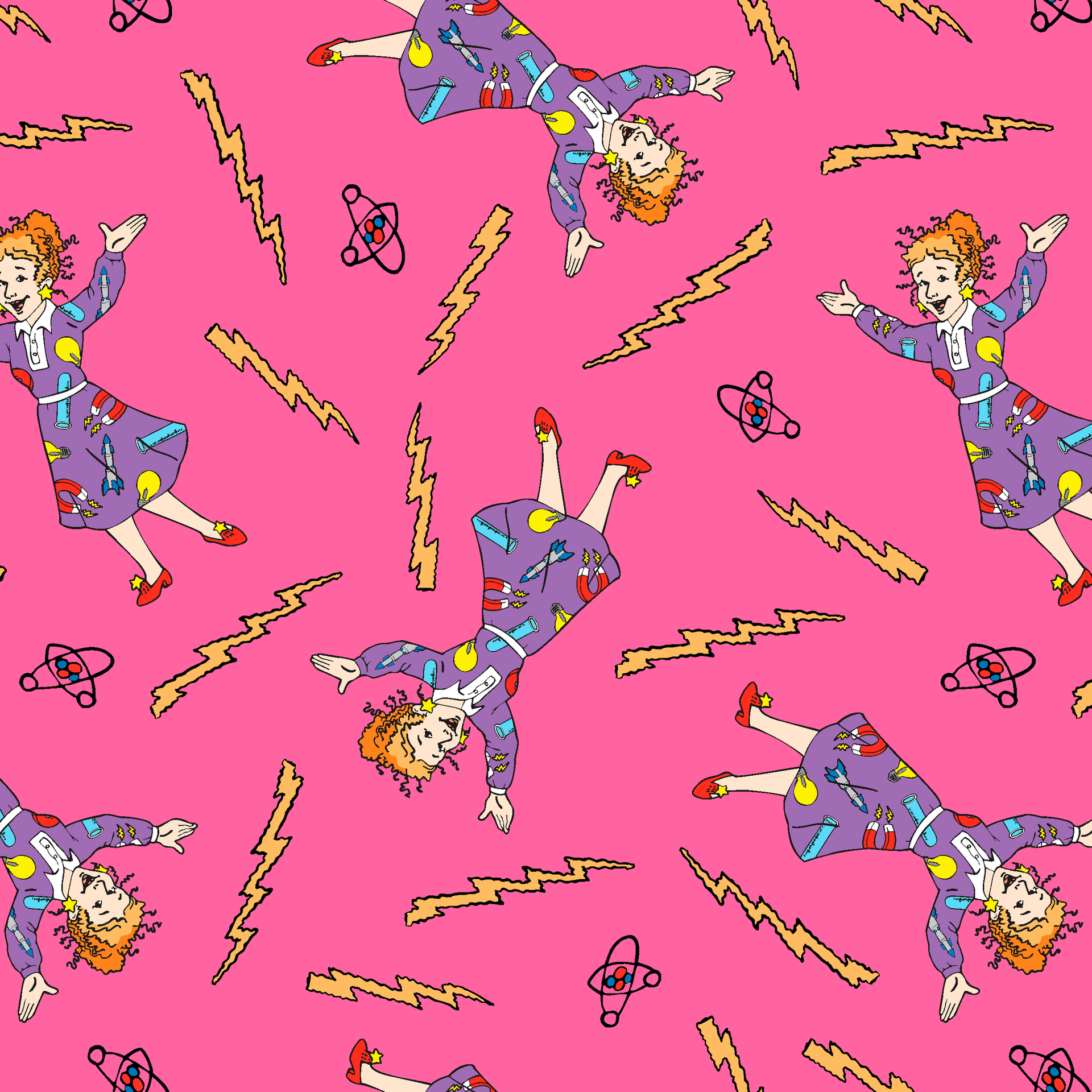 The Magic School Bus Ms. Frizzle Toss on Pink | Cotton Fabric by the Yard