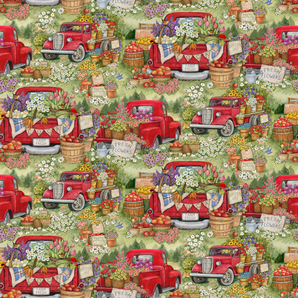 GWセール☆ TRUCK FURNITURE 草花染色　額　アートフレーム Susan Winget - Farmstand Charm - Vintage Red Truck | Fabric by the