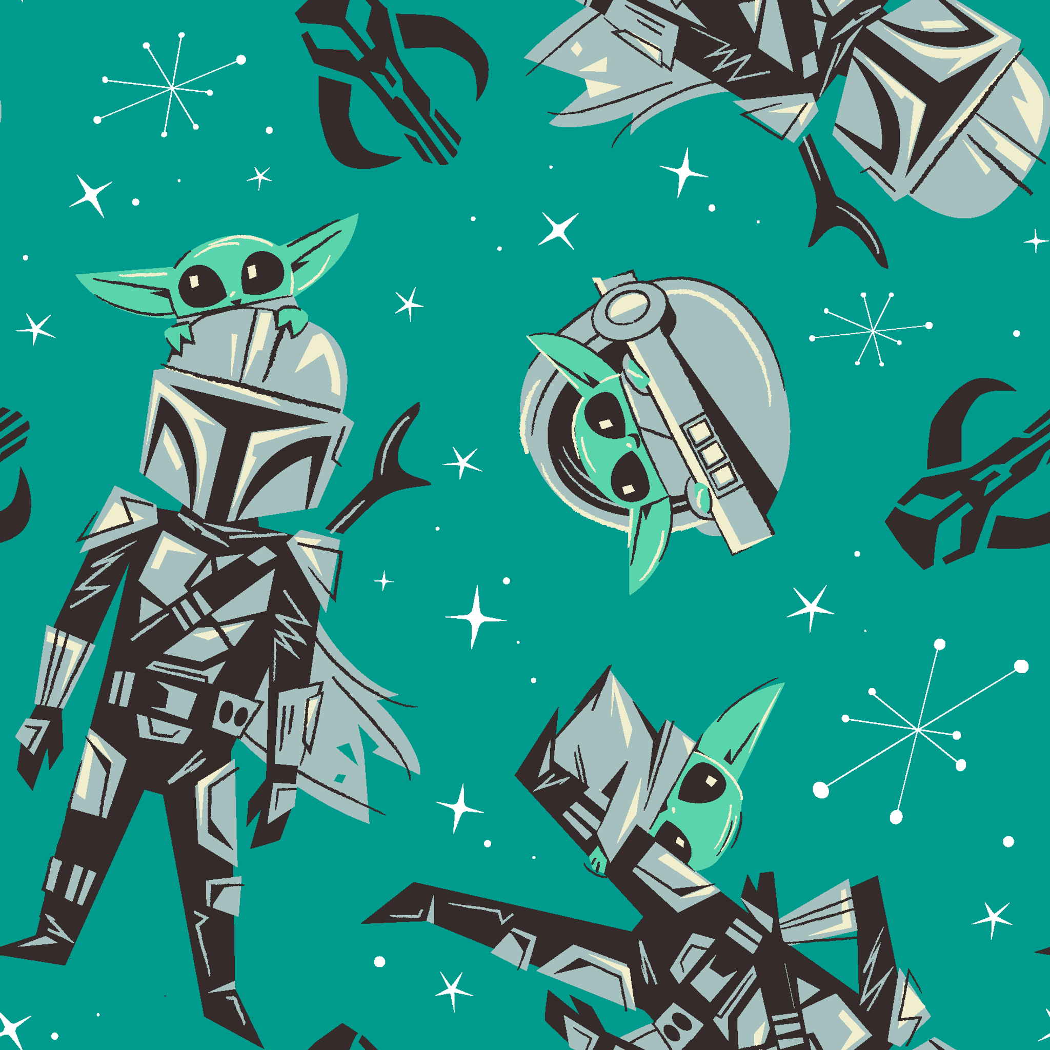 Cartoon-style Star Wars pattern with Baby Yoda and Mandalorian figures on teal background with stars tiled preview square