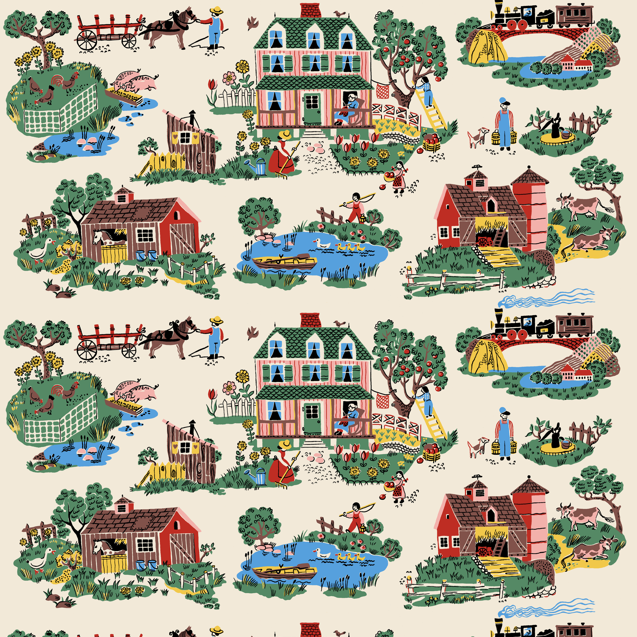 Colorful folk art illustration of country scenes with pink farmhouse, barns, and rural activities tiled preview square