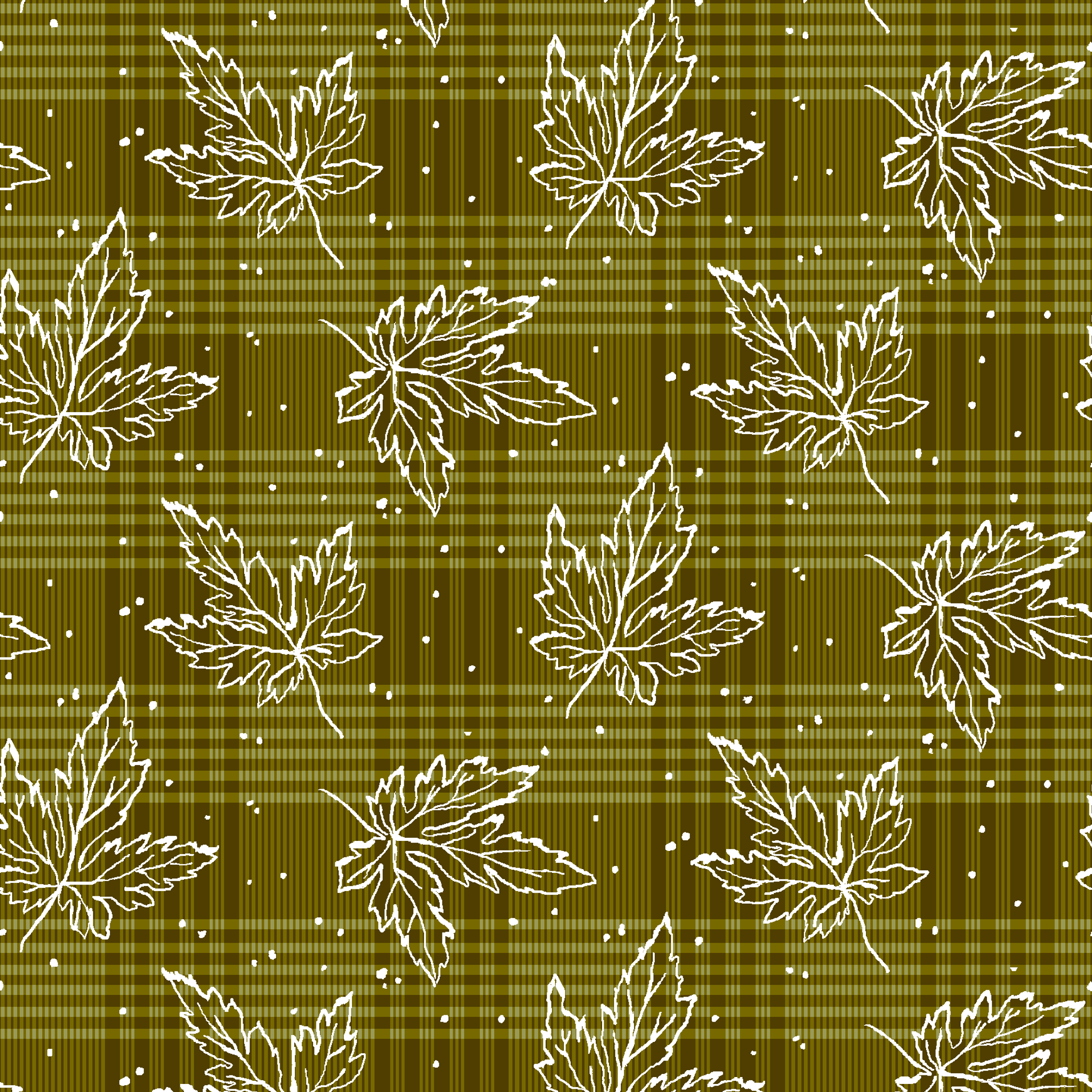 Olive green plaid pattern with scattered white outline maple leaves and small dots tiled preview square