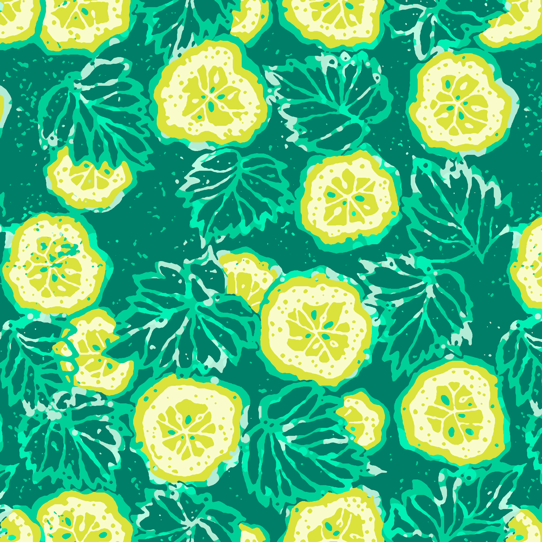 Vibrant green background with yellow cucumber slices and light green leafy patterns tiled preview square