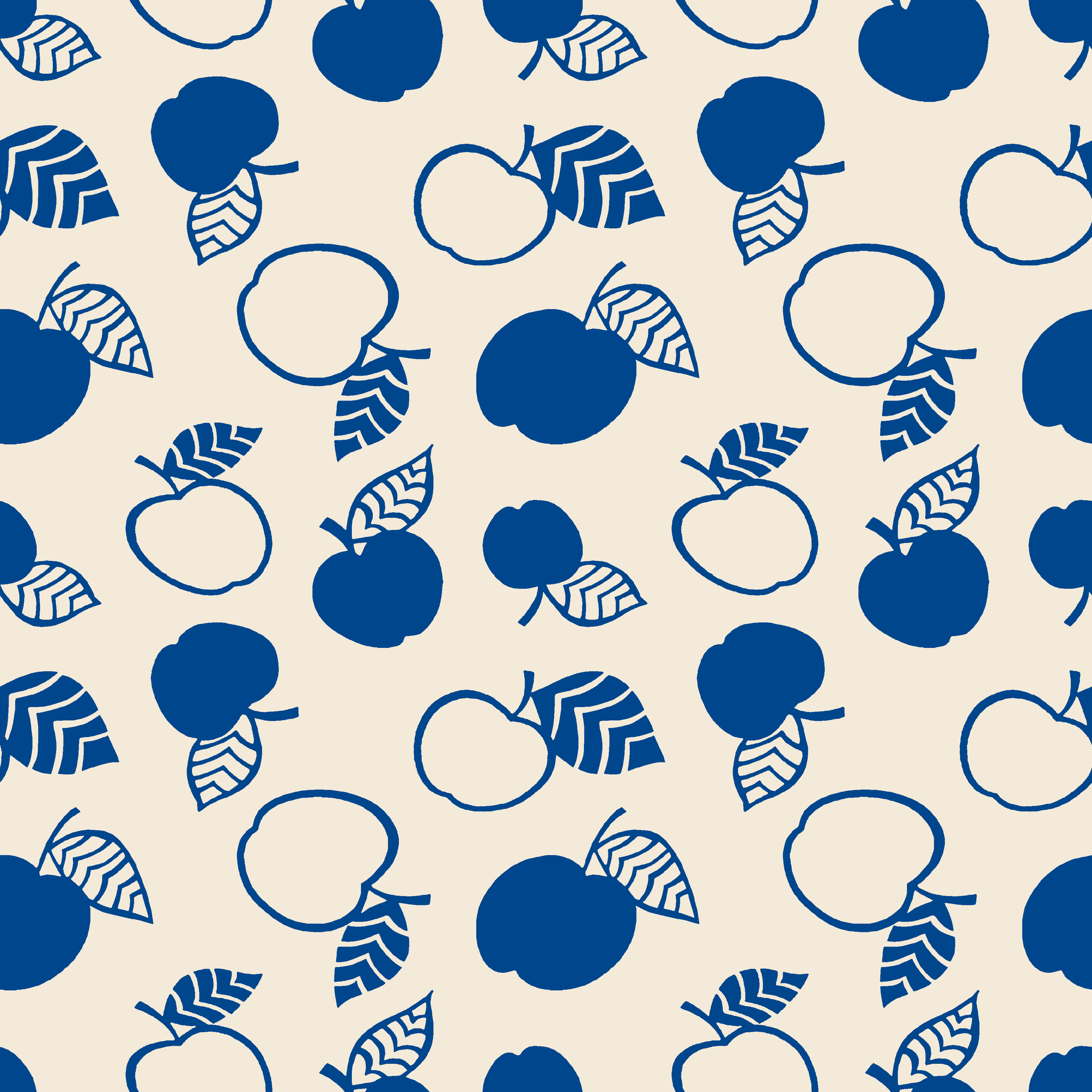 Blue apple illustrations and leaf outlines arranged in a scattered pattern on cream background. tiled preview square