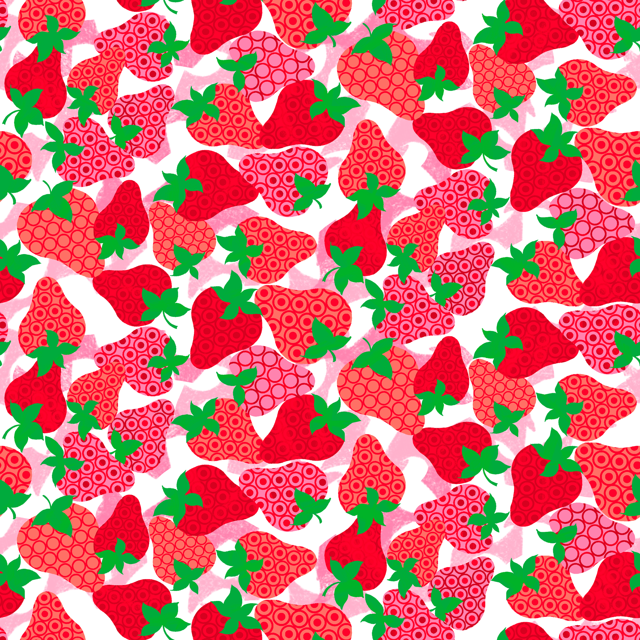 Colorful pattern of red strawberries with varied decorative patterns and green leaves on pink bac... tiled preview square