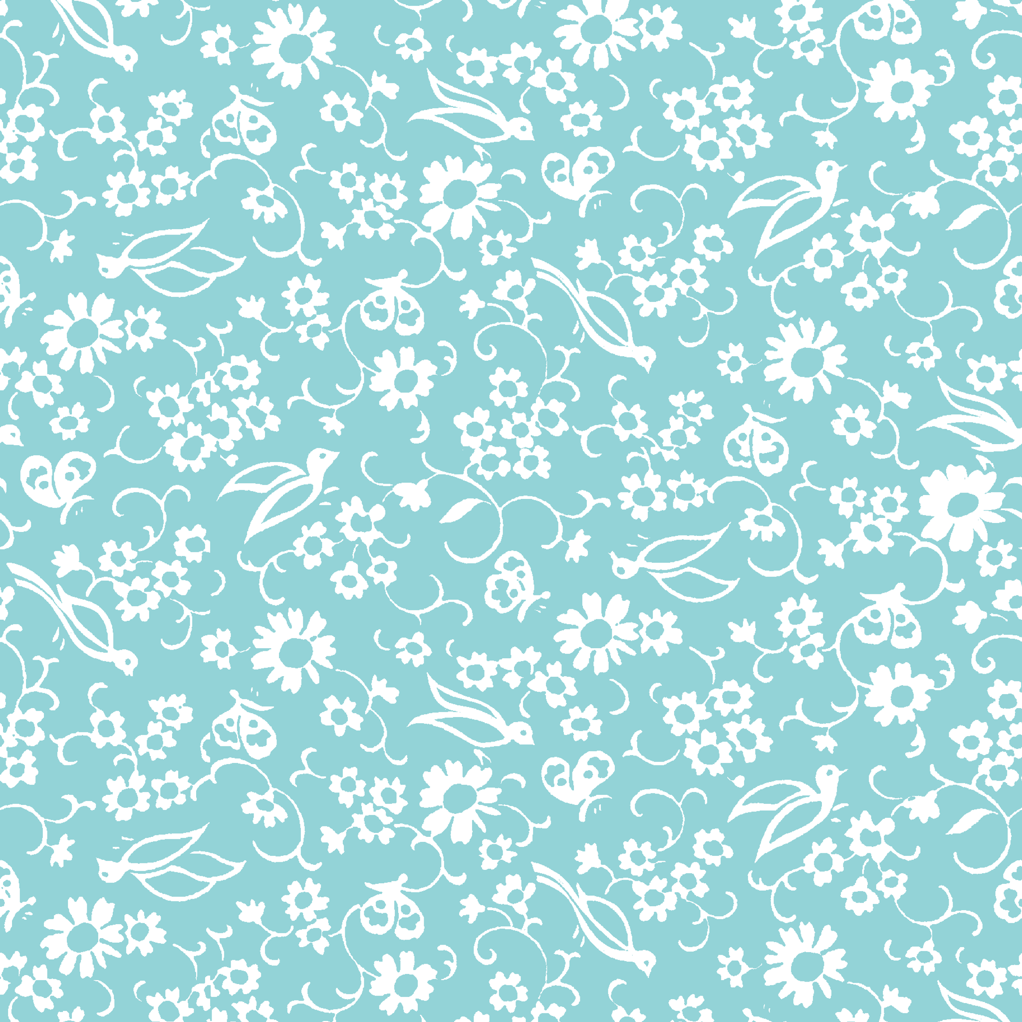 Delicate white floral pattern on a soft turquoise background with swirling leaf motifs tiled preview square