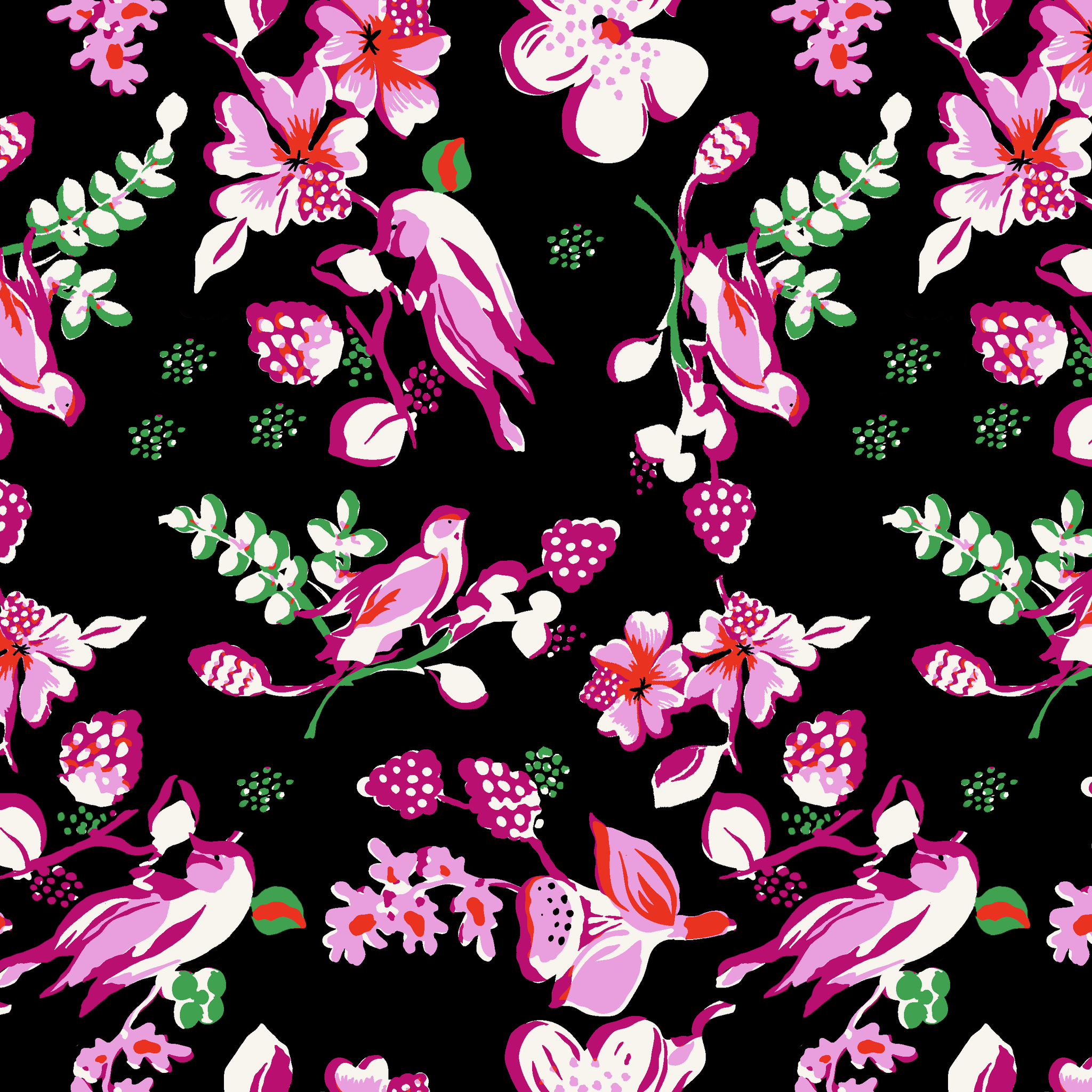 Vibrant pink birds and flowers pattern on black background with strawberry accents tiled preview square