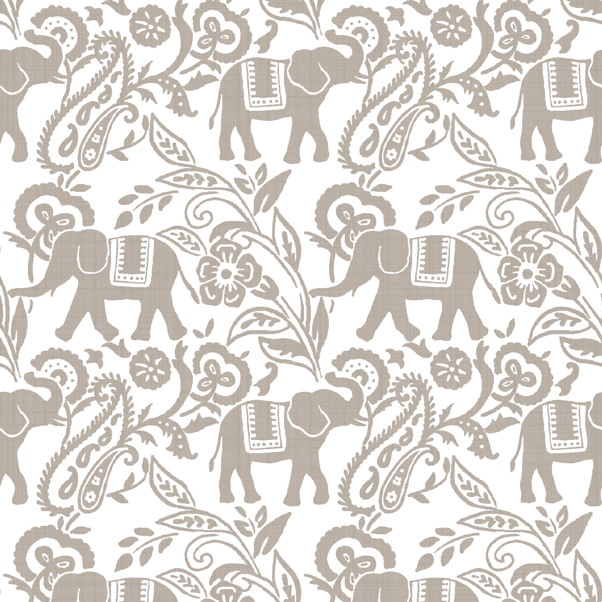 Gray elephants with decorative blankets amid swirling floral and paisley patterns on white background tiled preview square