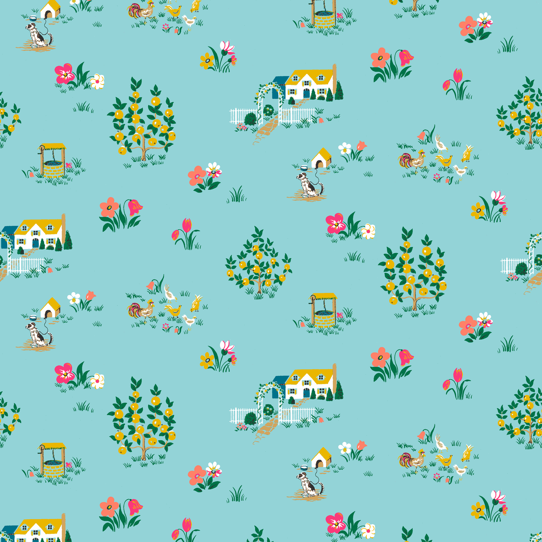 Whimsical light blue pattern with tiny cottages, tulips, and flower gardens in pastel colors tiled preview square