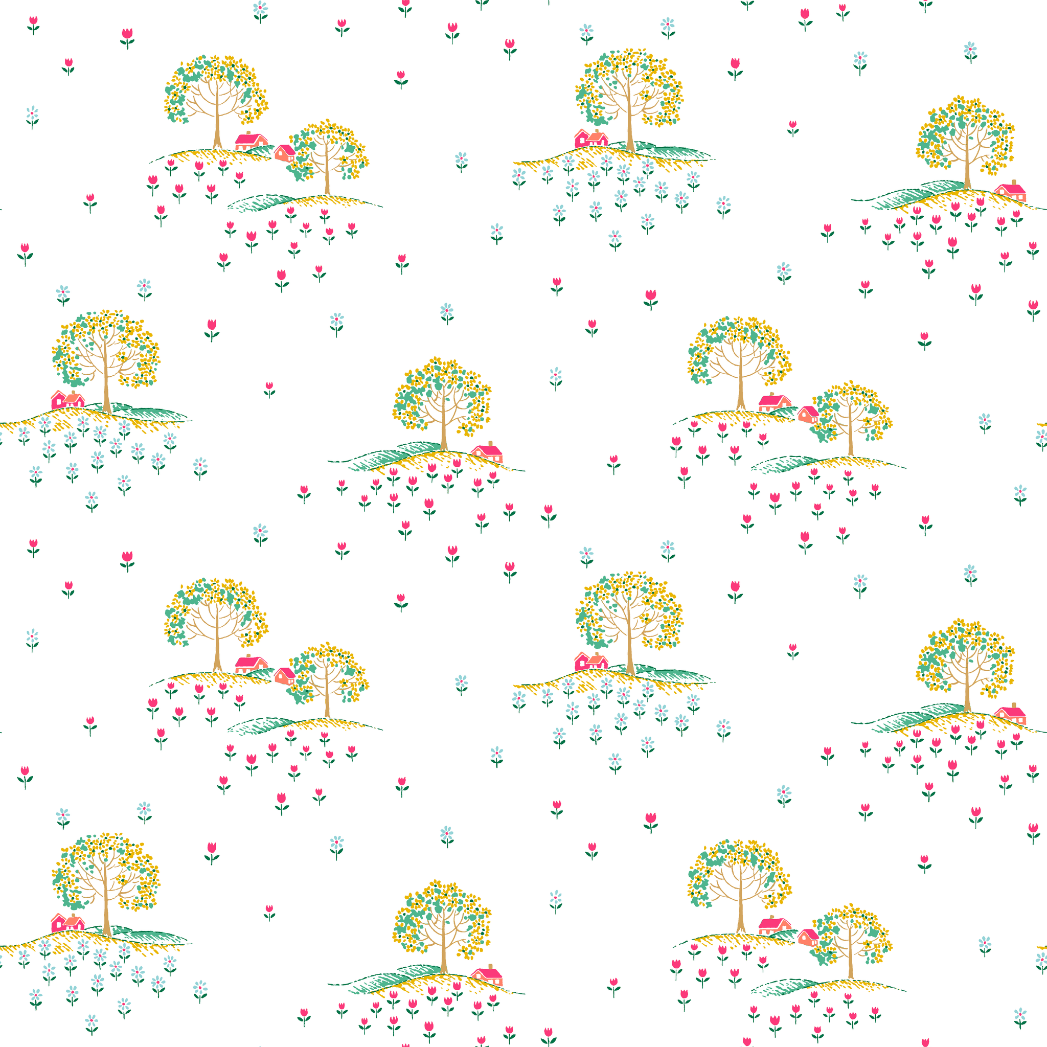 Whimsical pattern of colorful trees on small hills with scattered tiny flowers on a white background tiled preview square