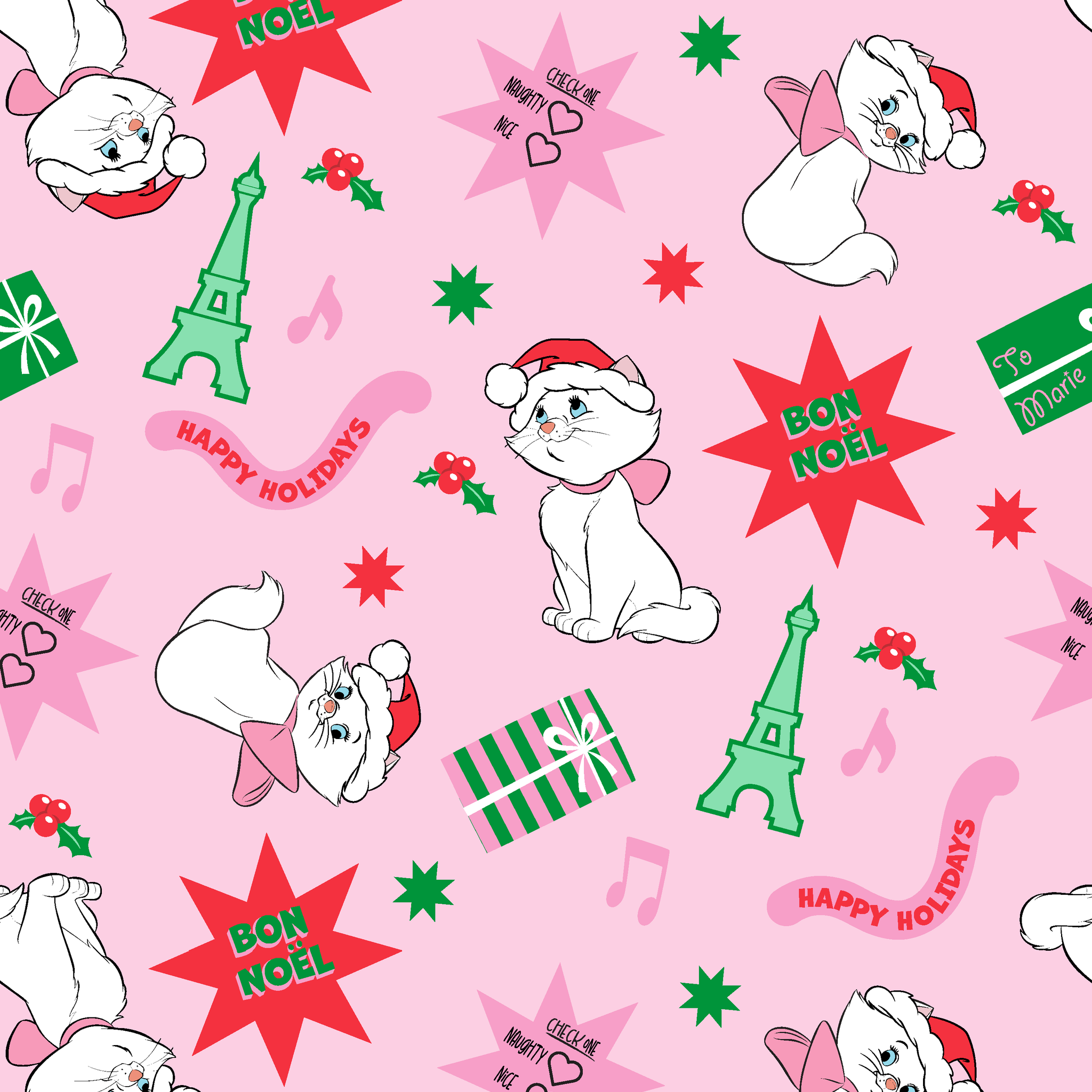 Holiday pattern with Marie from The Aristocats in Santa hats, Eiffel Towers, "Noel" text, and festive stars on pink background tiled preview square