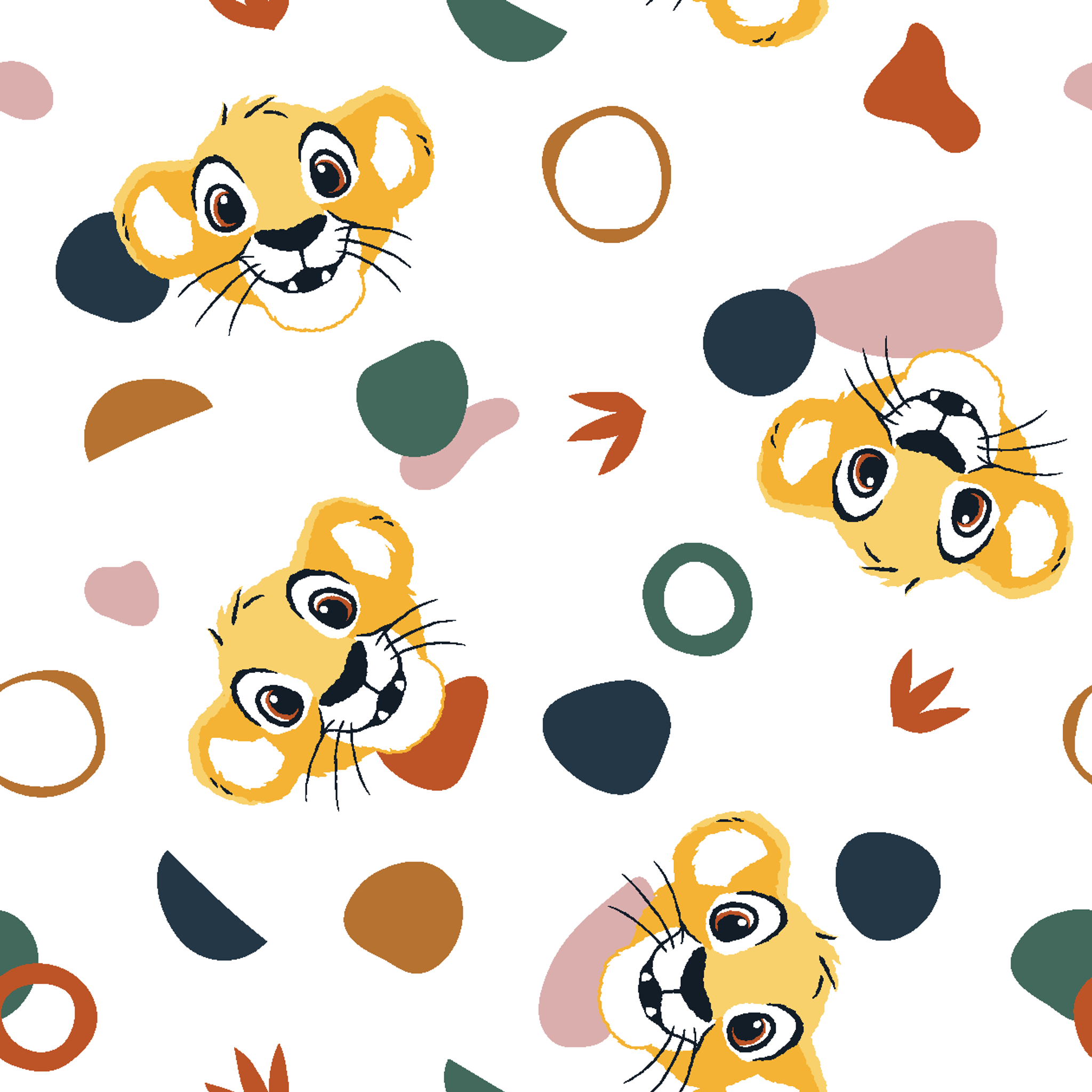 Cute Lion King characters with colorful abstract shapes in pink, teal, brown, and navy on white tiled preview square