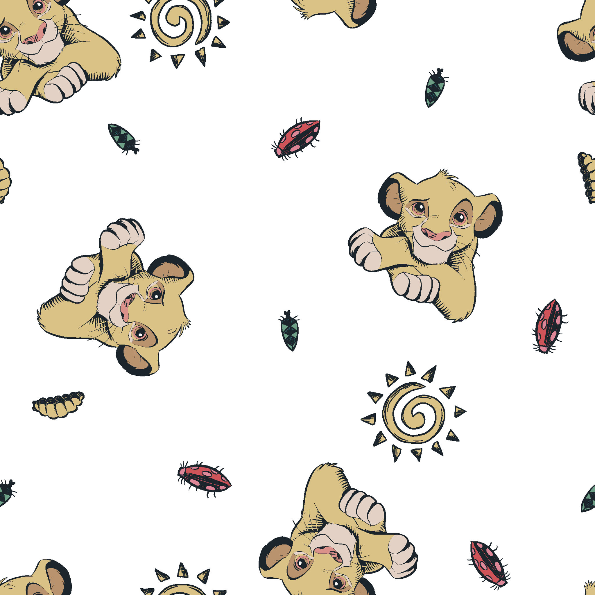 Cute cartoon lion cubs pattern with suns and leaves on white background tiled preview square