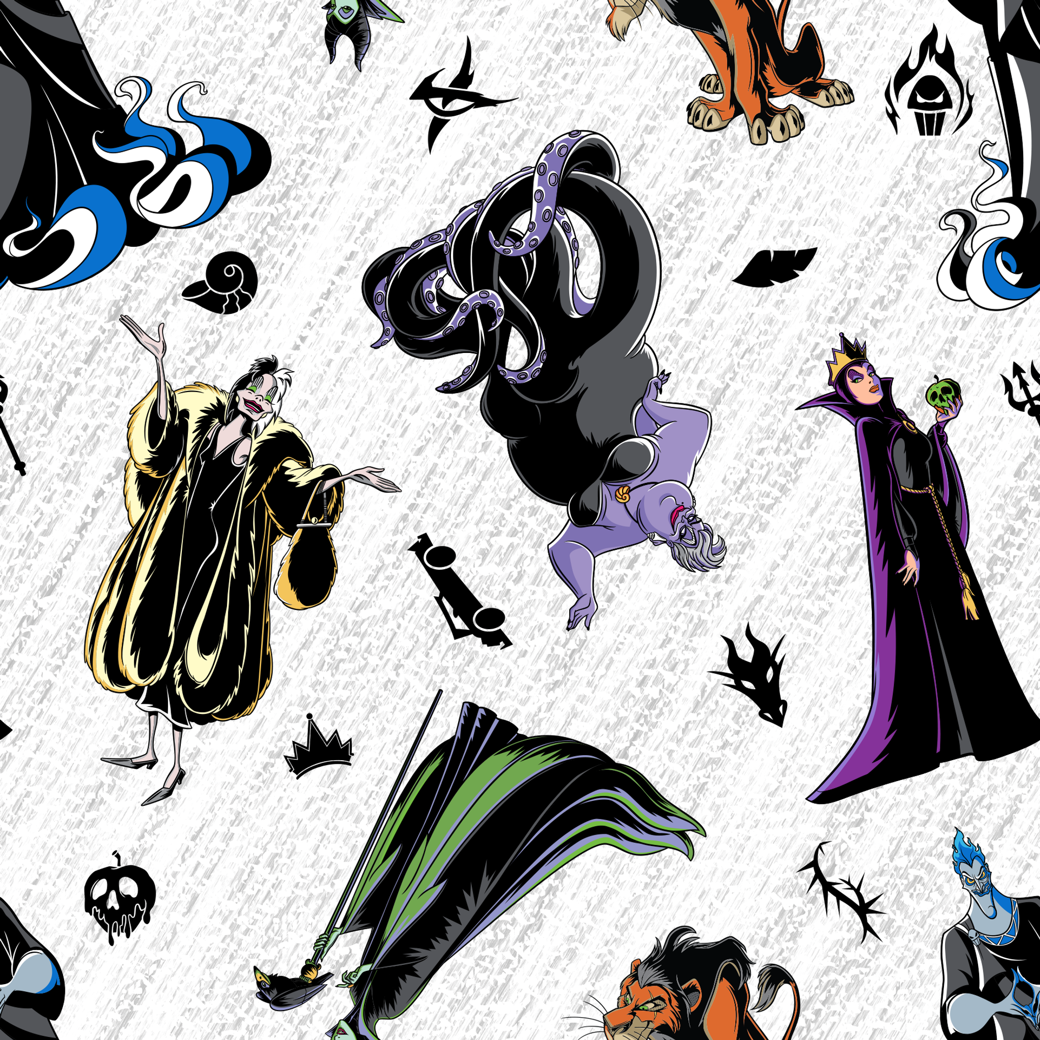 Disney villains pattern with stylized character silhouettes in black, purple, green, and orange on textured white background tiled preview square