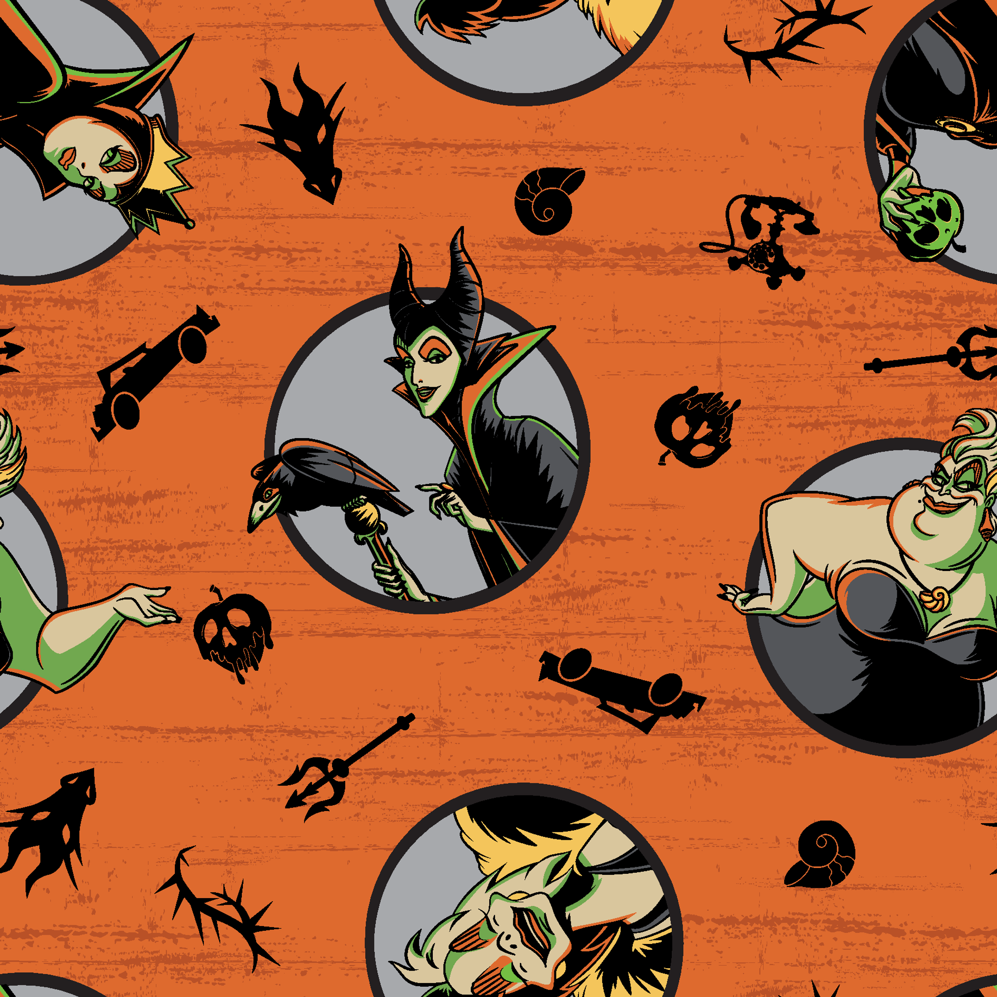 Halloween-themed orange pattern with circular Disney Villain portraits, black cats, bats, pumpkins, and spooky symbols tiled preview square