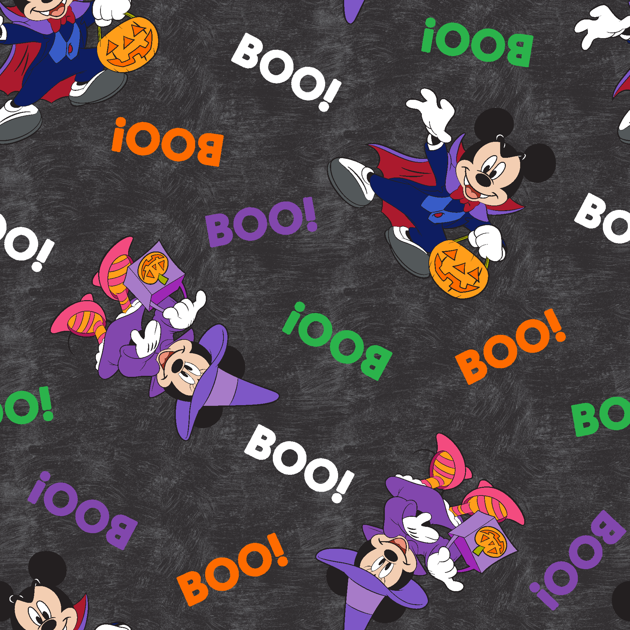 Halloween themed pattern with Disney characters in costumes, pumpkins, and colorful "BOO!" text on dark gray background. tiled preview square