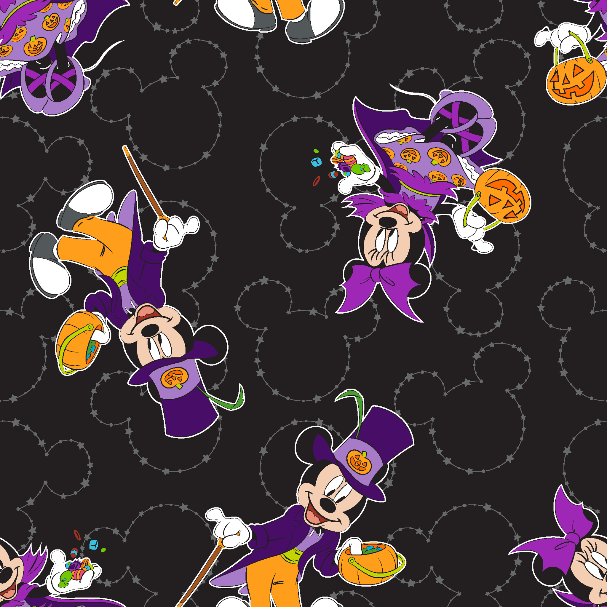 Mickey and Minnie in Halloween costumes on black background with purple, orange, and white details in a scattered pattern tiled preview square