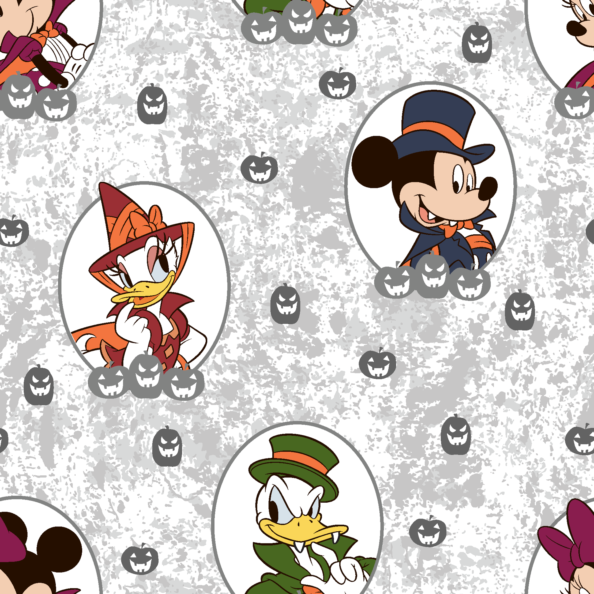 Disney Halloween pattern with Mickey in top hat, Donald in green hat, and Daisy in witch hat on gray background with pumpkins. tiled preview square