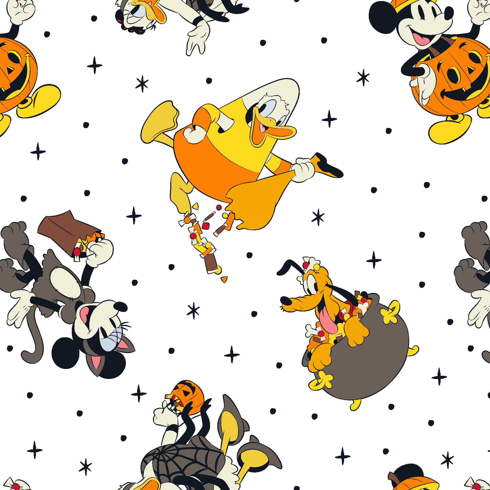 Disney characters in Halloween costumes on white background with stars - Mickey, Pluto, and friends in festive attire tiled preview square