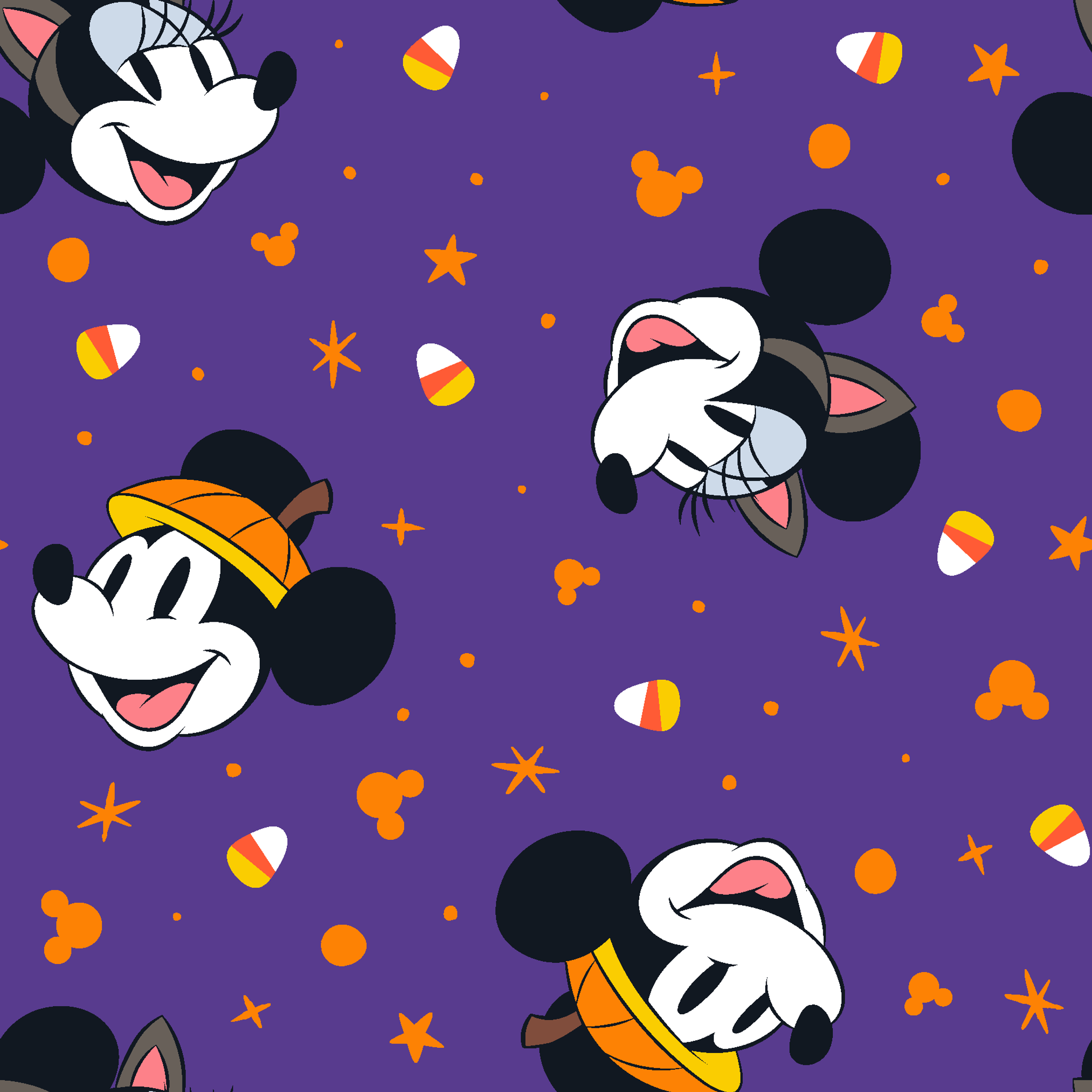 Mickey Mouse Halloween pattern with candy corn and stars on purple background tiled preview square